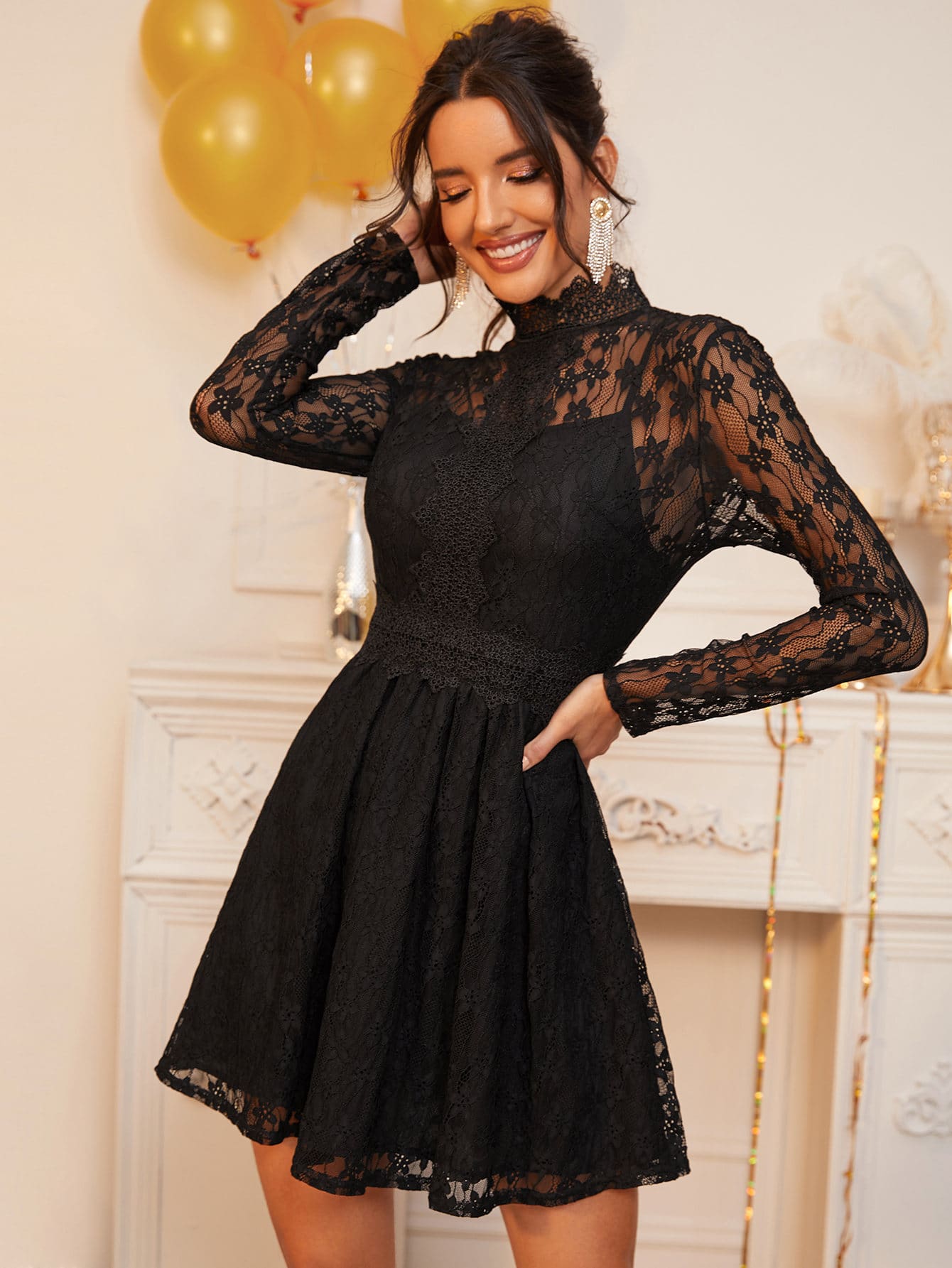 Mock Neck Sheer Lace Overlay Dress – Amy's Cart