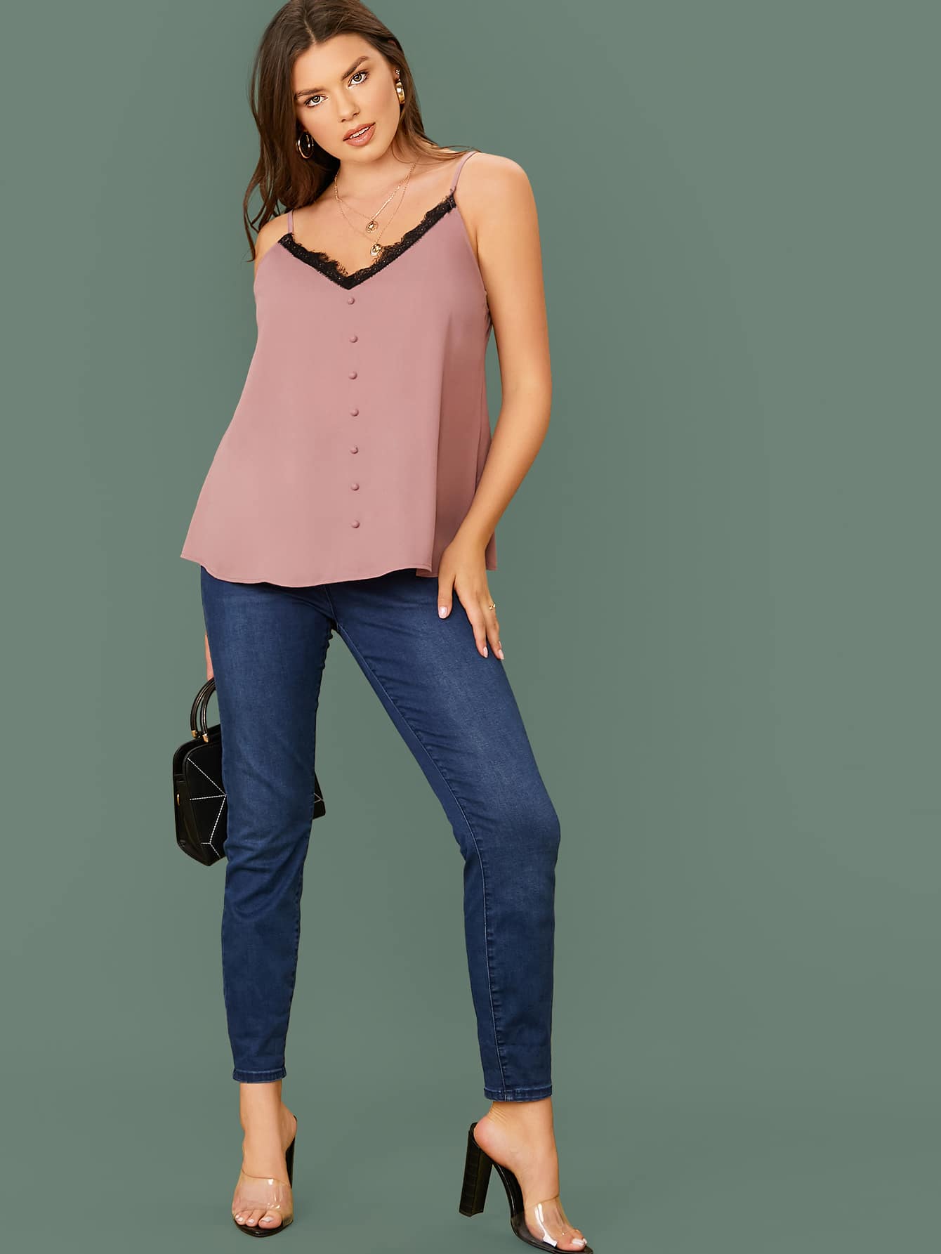 Plus Buttoned Front Lace Trim Cami Top