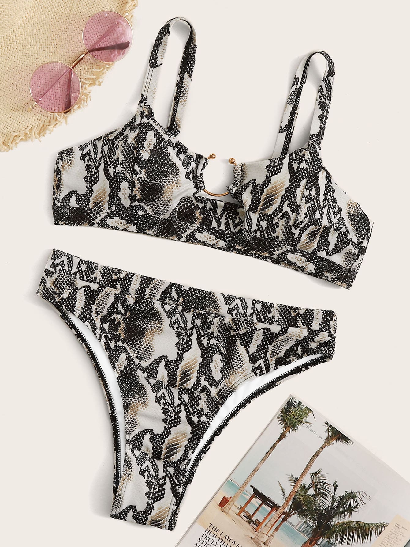 Snakeskin Ring Linked Top With High Waist Bikini Set