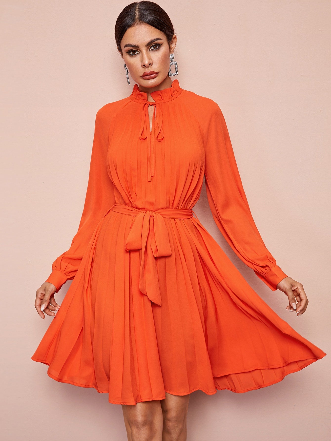 Frilled Tie Neck Pleated Belted Dress