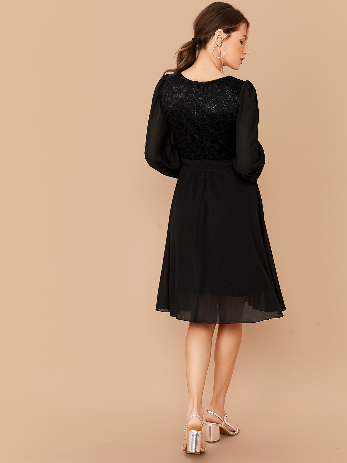 Bishop Sleeve Lace Bodice Belted Dress
