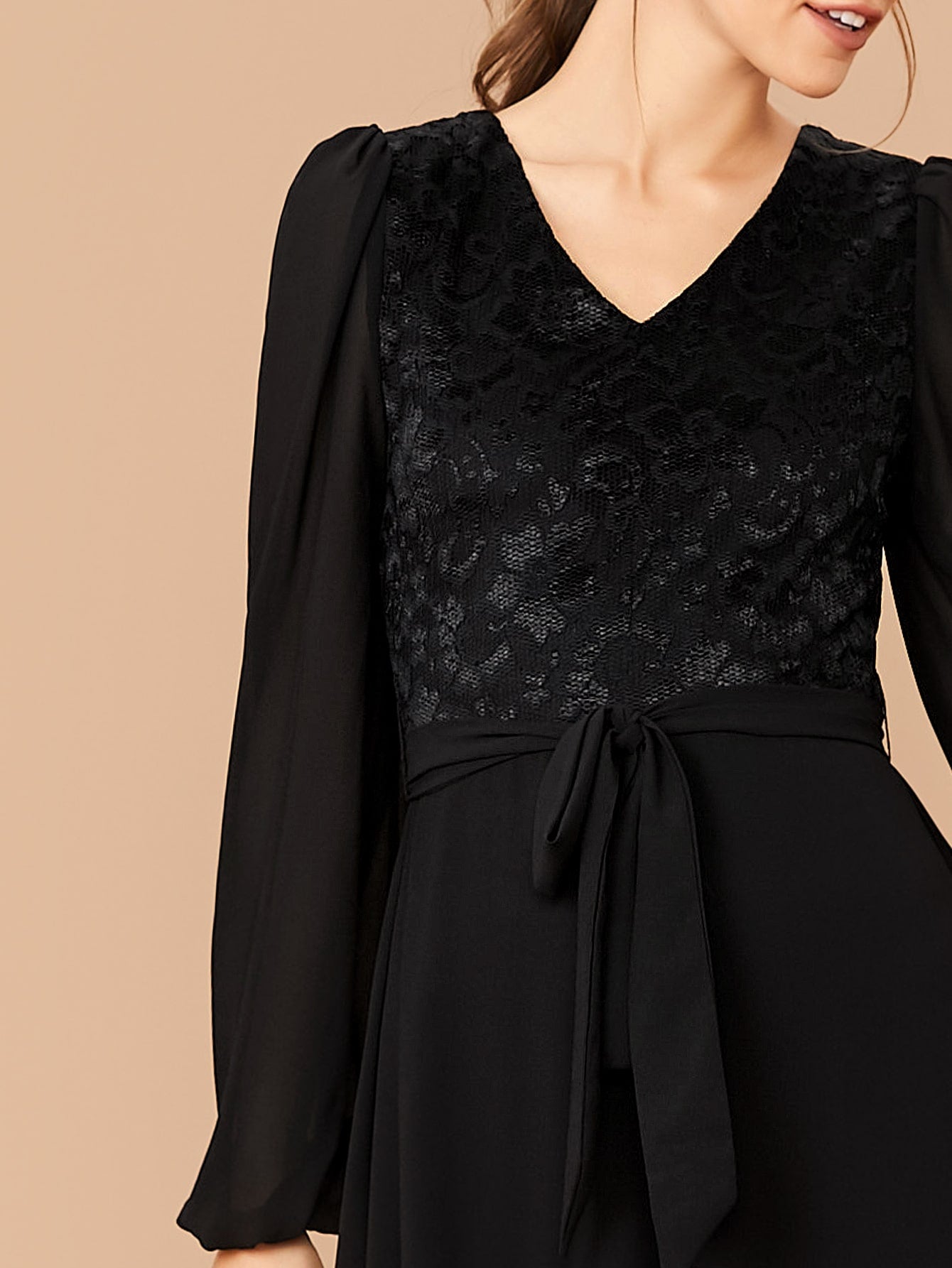 Bishop Sleeve Lace Bodice Belted Dress