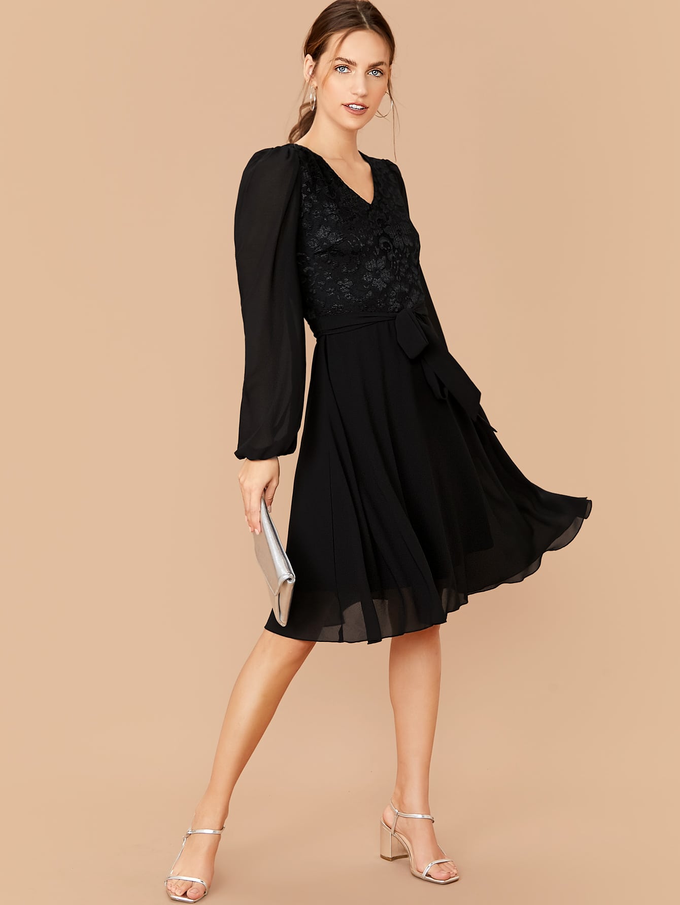 Bishop Sleeve Lace Bodice Belted Dress