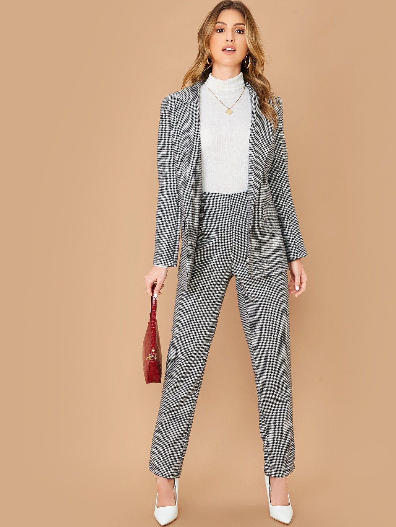 Notched Collar Houndstooth Blazer & Pants Set