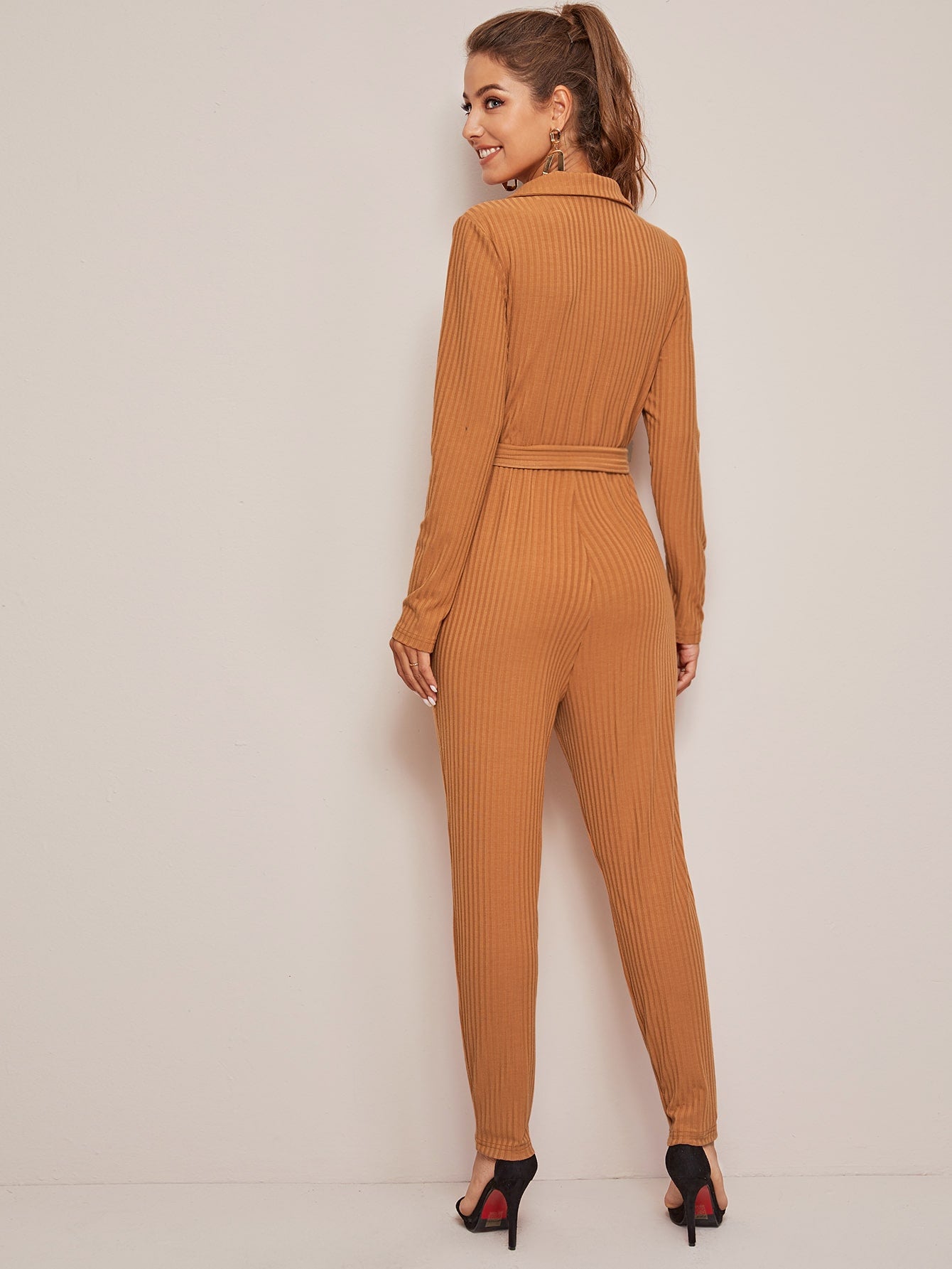 Button Front Rib-knit Belted Jumpsuit