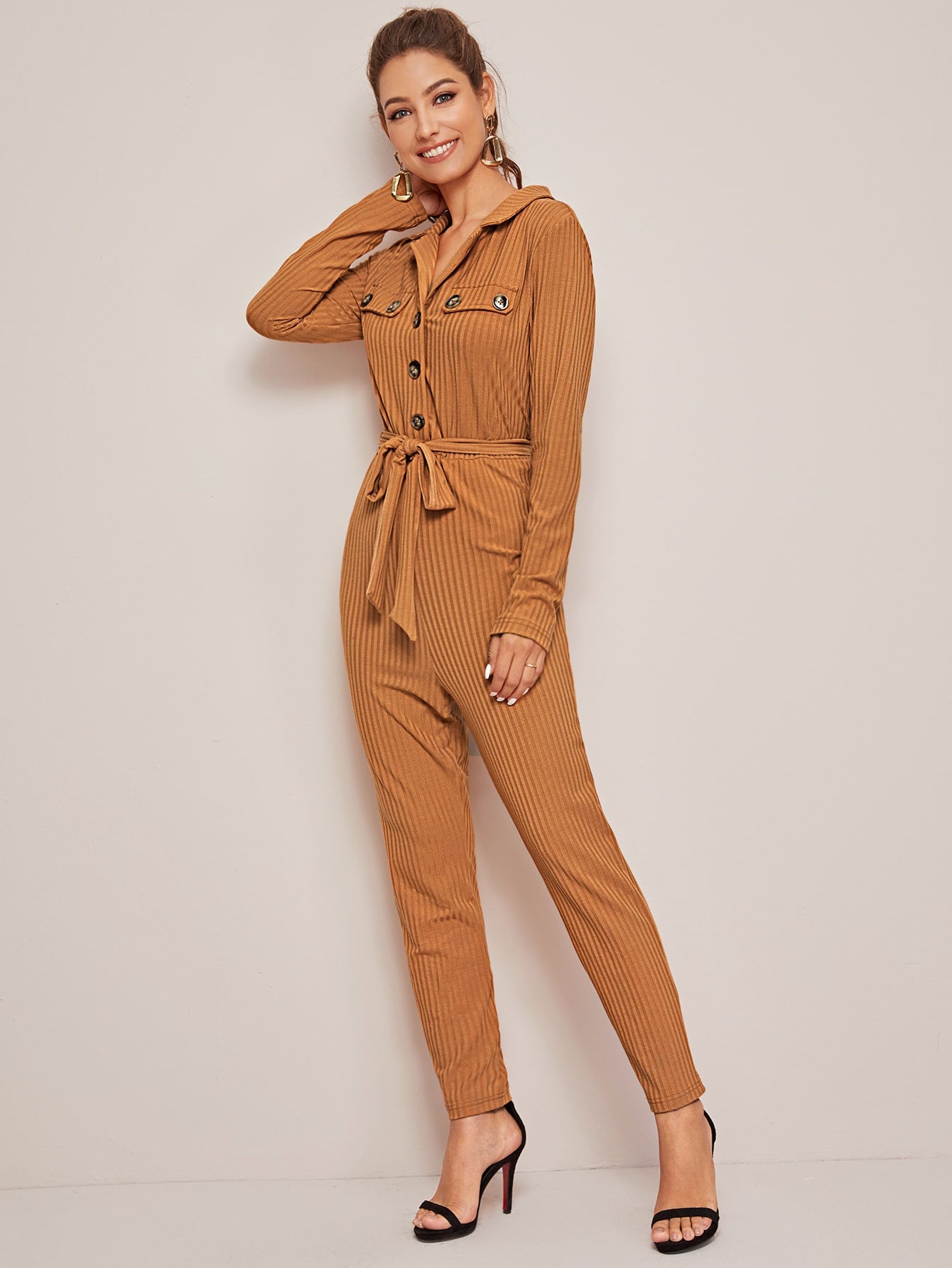 Button Front Rib-knit Belted Jumpsuit