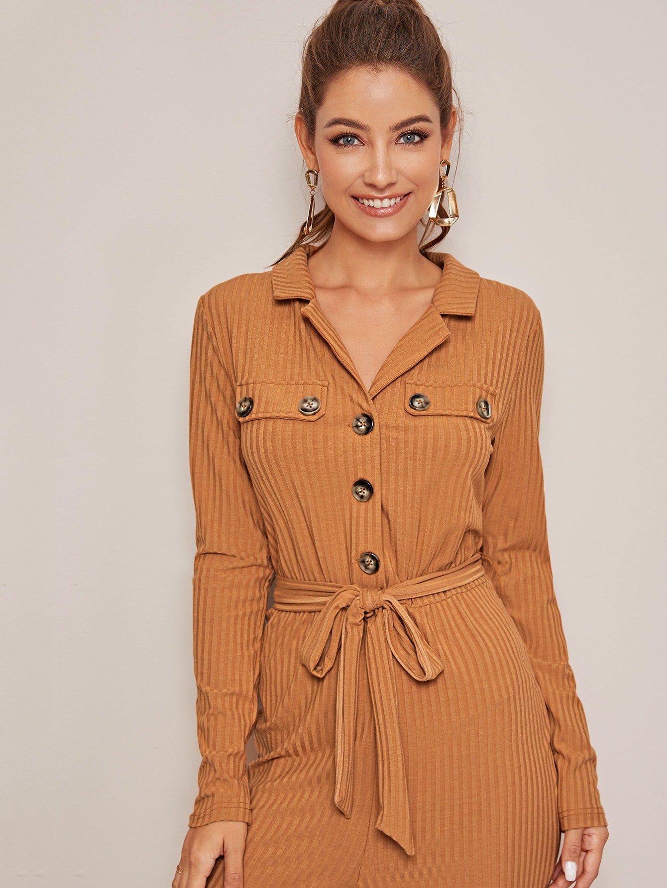 Button Front Rib-knit Belted Jumpsuit