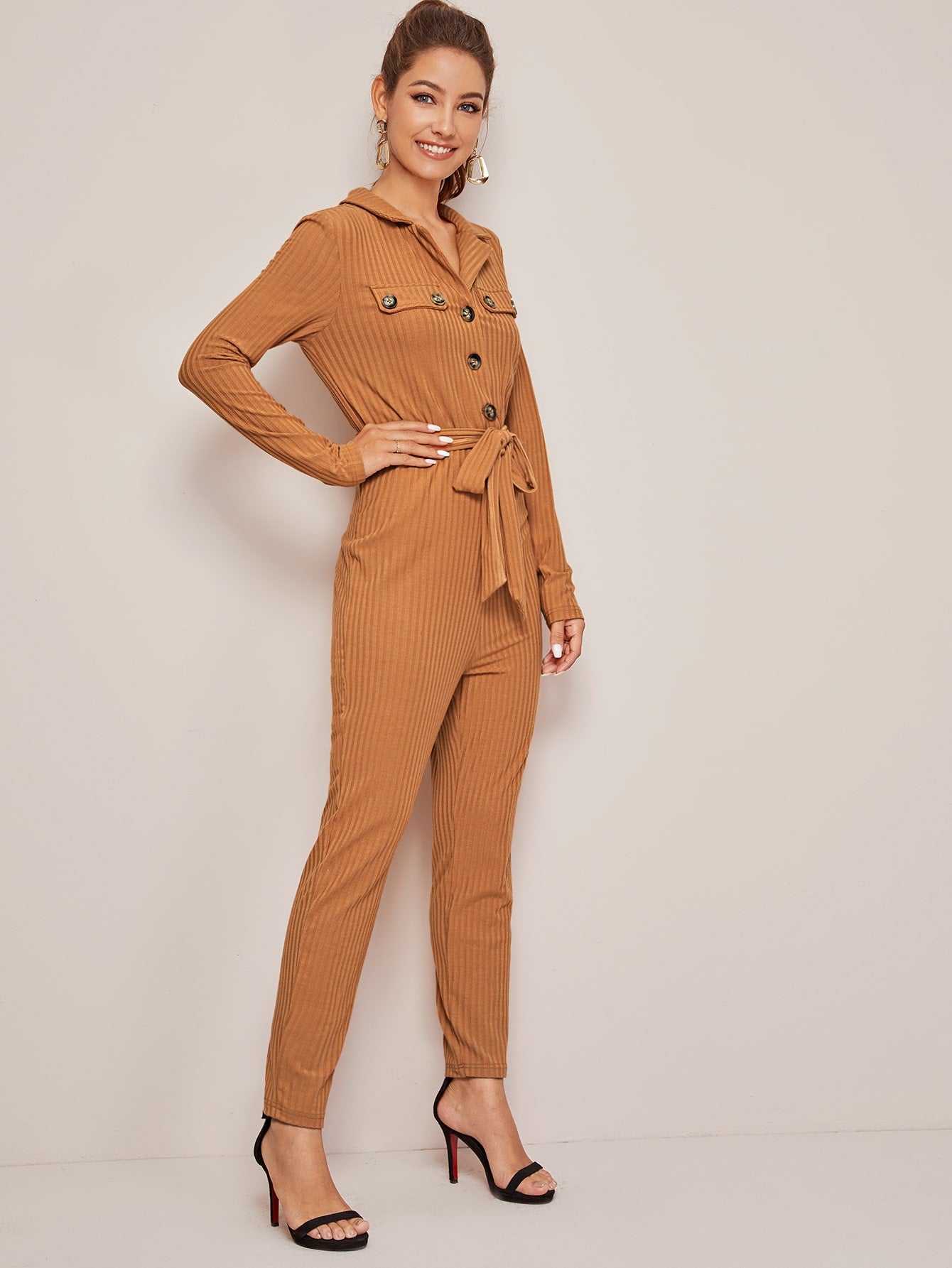 Button Front Rib-knit Belted Jumpsuit