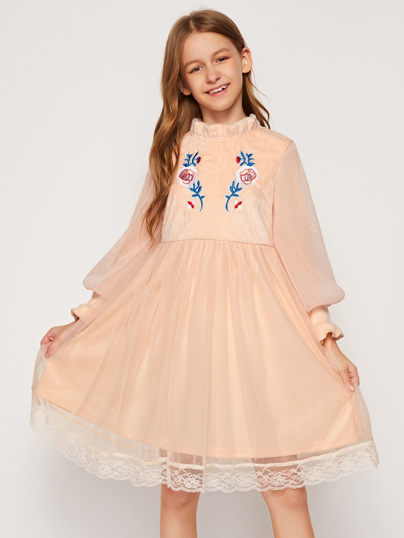 Girls Mock Neck Pleated Sleeve Embroidered Mixed Media Dress