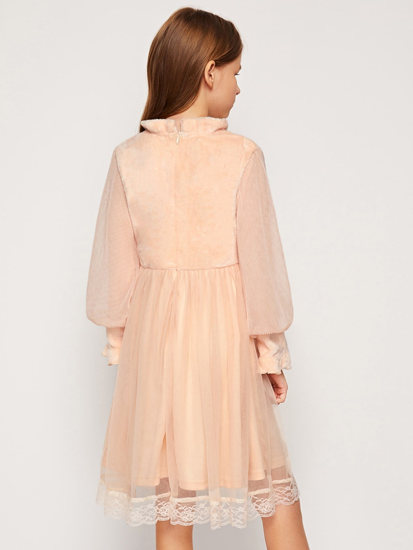Girls Mock Neck Pleated Sleeve Embroidered Mixed Media Dress