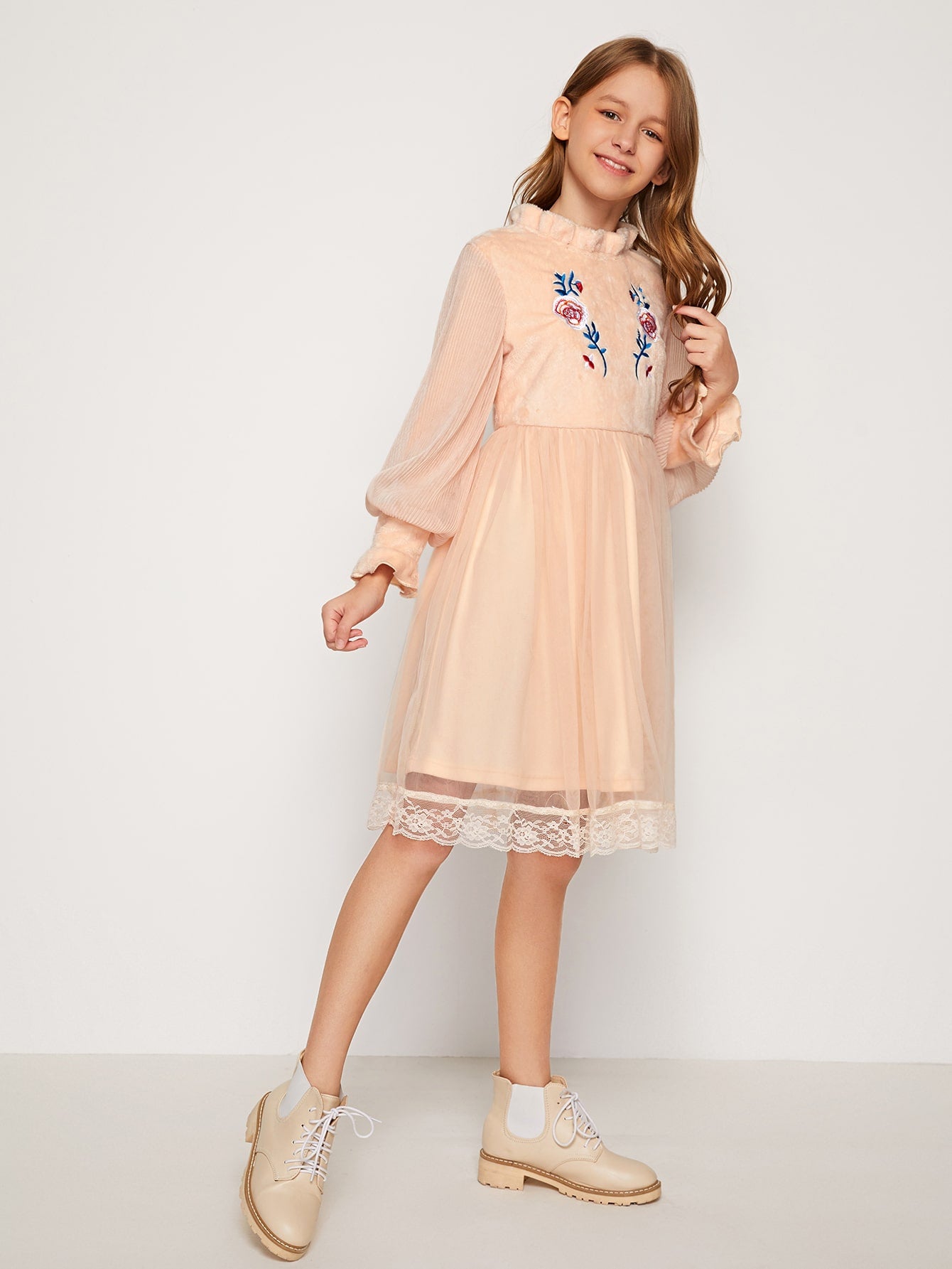 Girls Mock Neck Pleated Sleeve Embroidered Mixed Media Dress