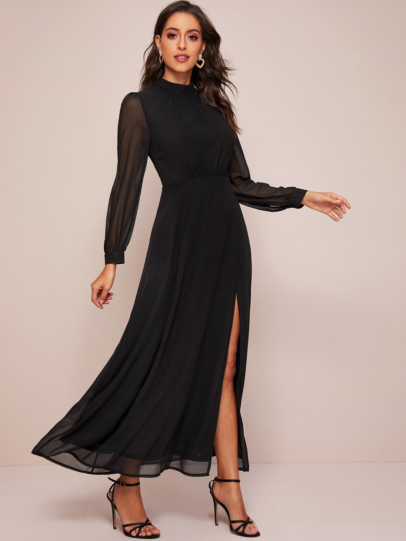 Mock Neck Split Thigh Flowy A-line Dress