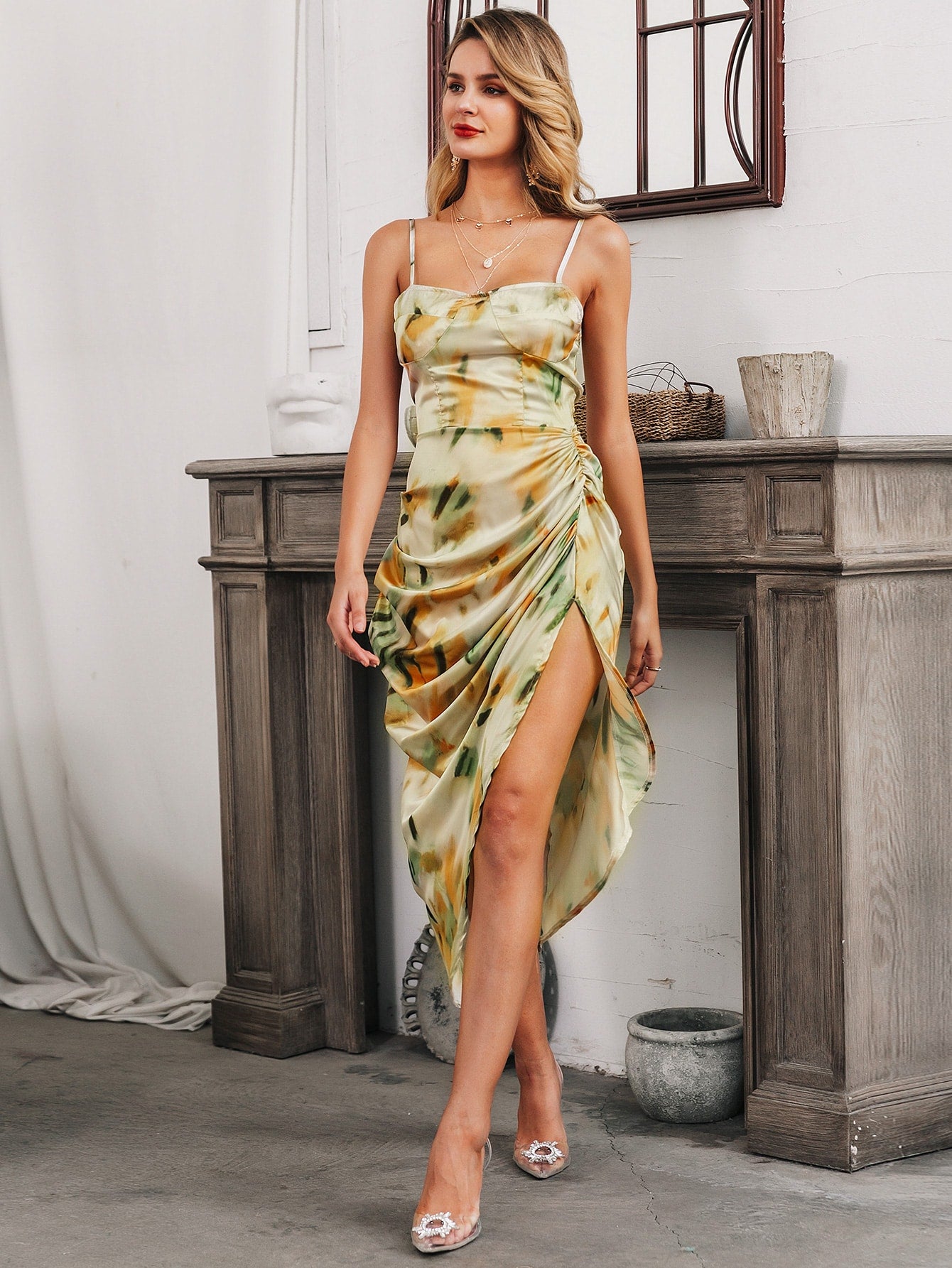 Glamaker Tie Dye Split Hem Ruched Cami Prom Dress