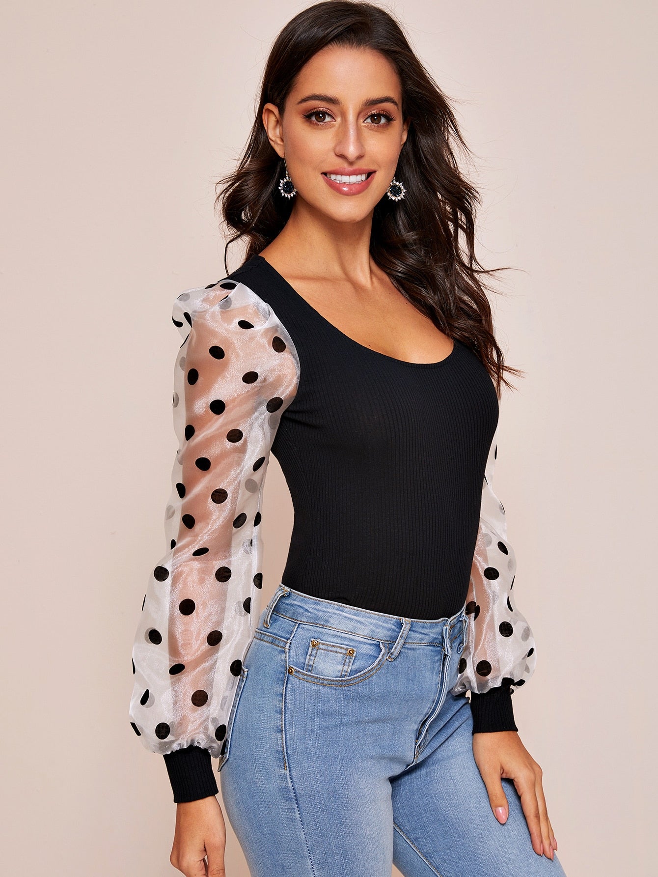 Dot Mesh Lantern Sleeve Rib-knit Top