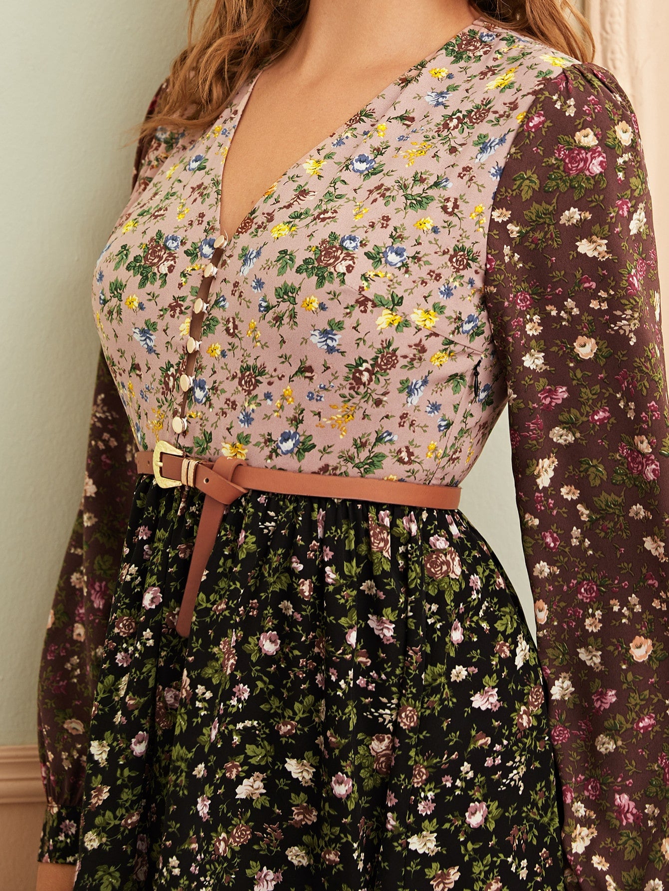 Contrast Panel Floral Print Dress Without Belt