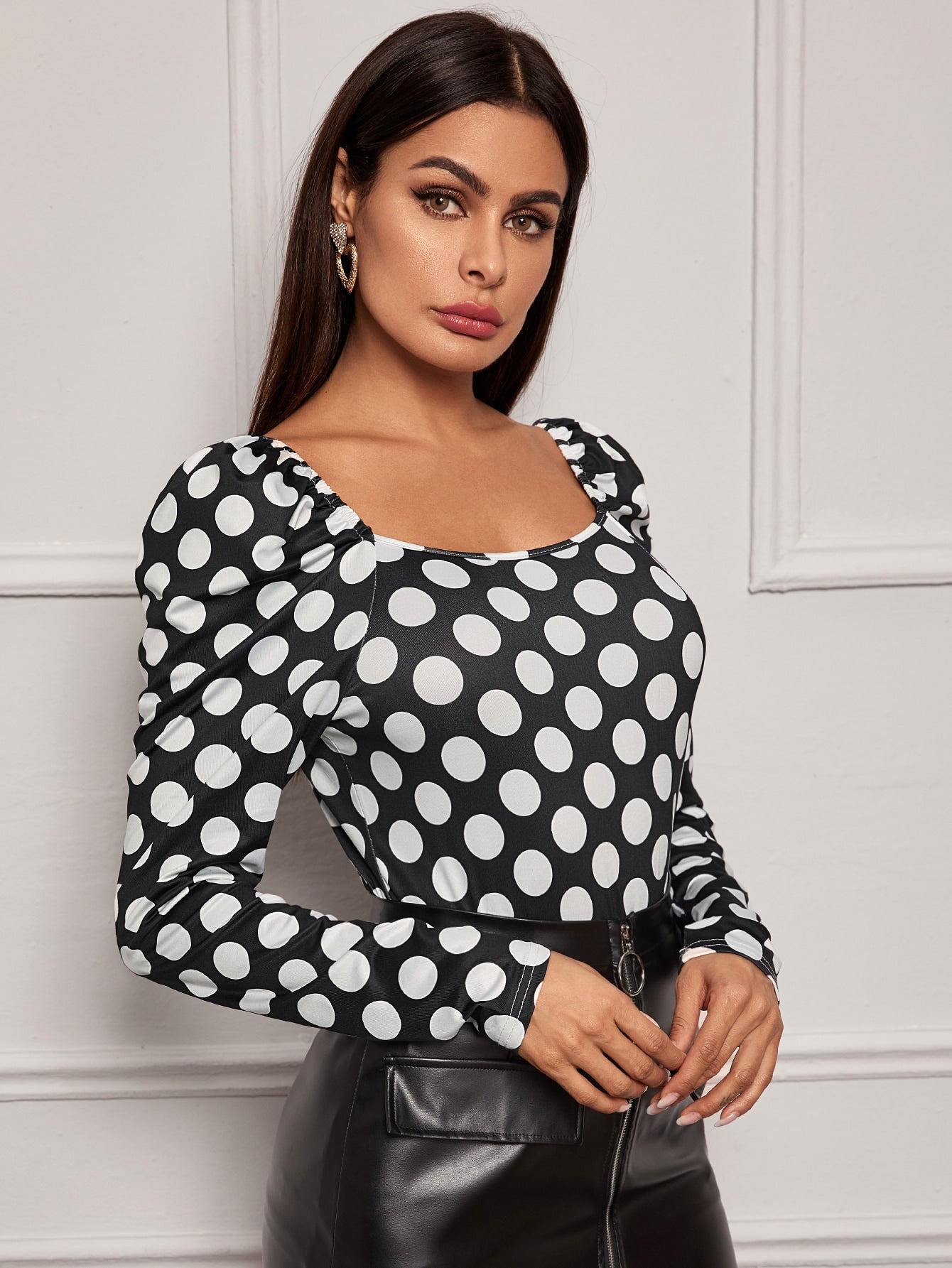 Polka Dot Square Neck Puff Sleeve Tee