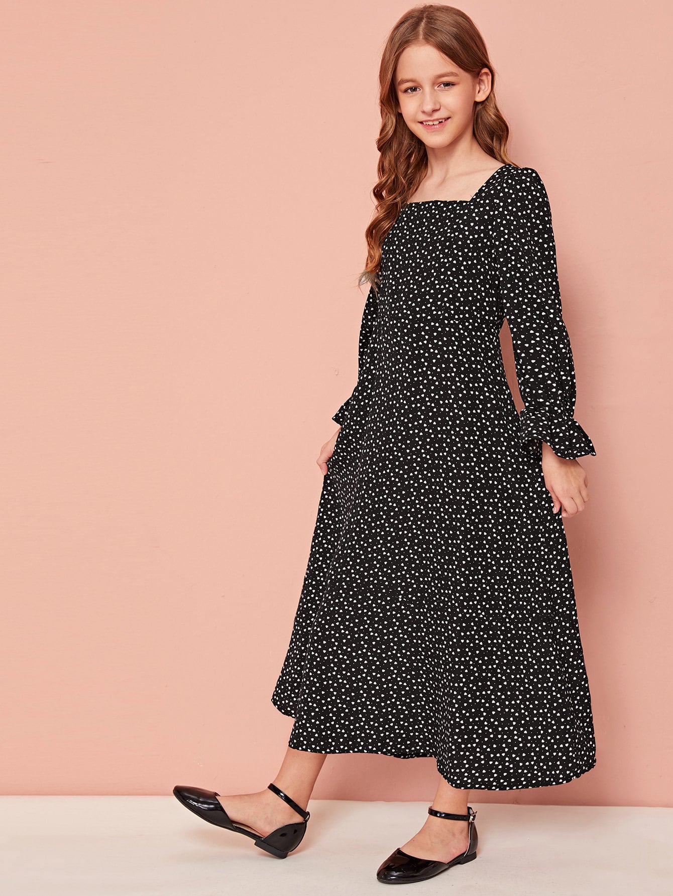 Girls Confetti Heart Print Square Neck Ruffle Cuff Dress