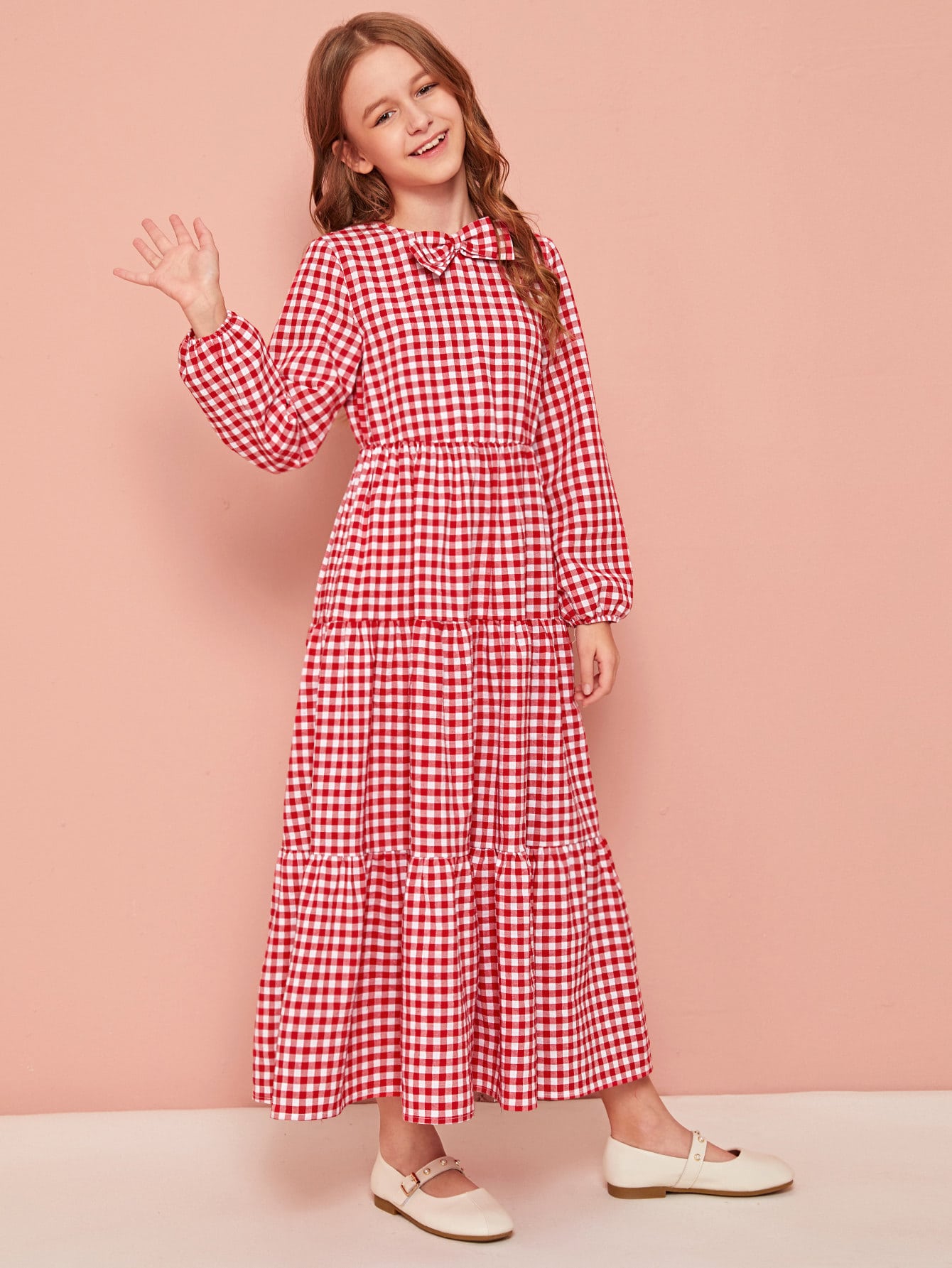 Girls Bow Front Layered Ruffle Hem Gingham Smock Dress