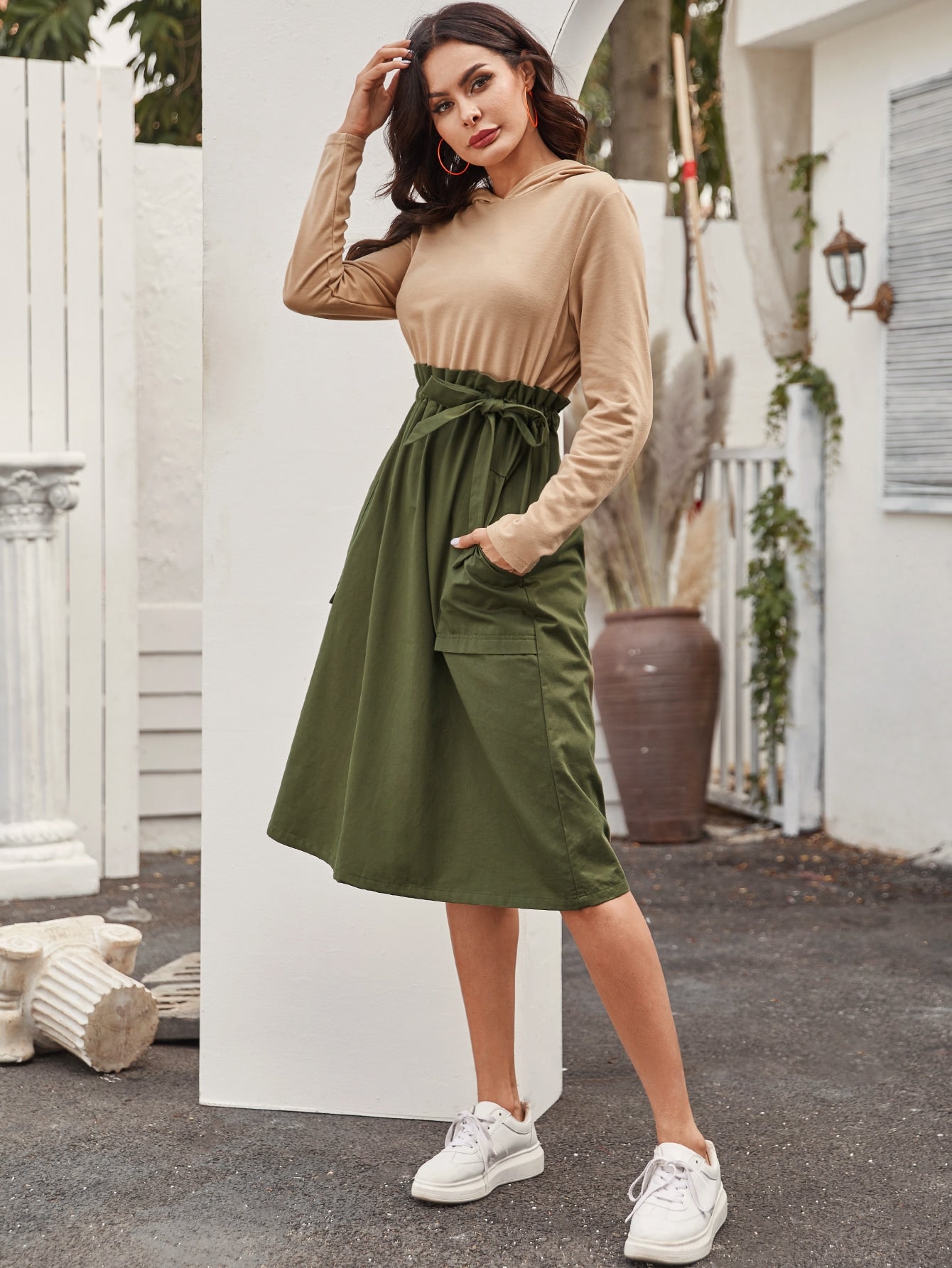 Paperbag Drawstring Waist Pocket Front Two Tone Hooded Dress