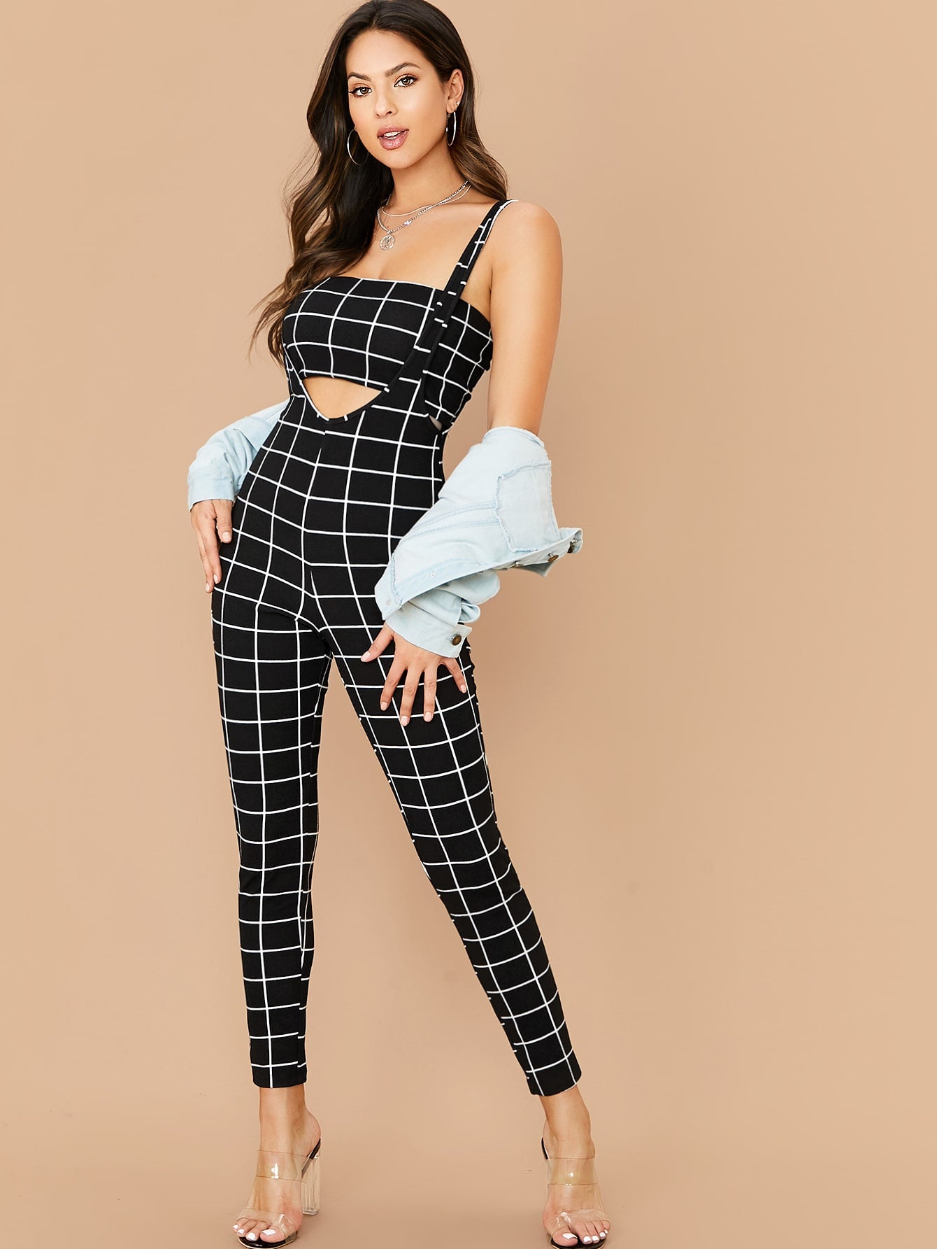 Grid Print Crop Tube Top & Suspender Leggings Set