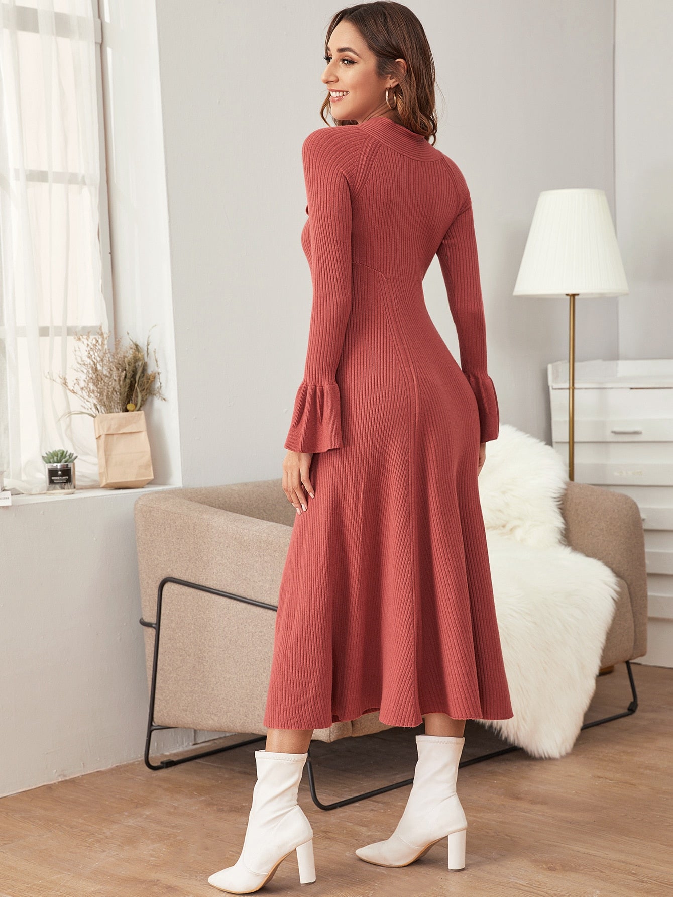Tie Neck Rib-knit Flounce Sleeve A-line Sweater Dress