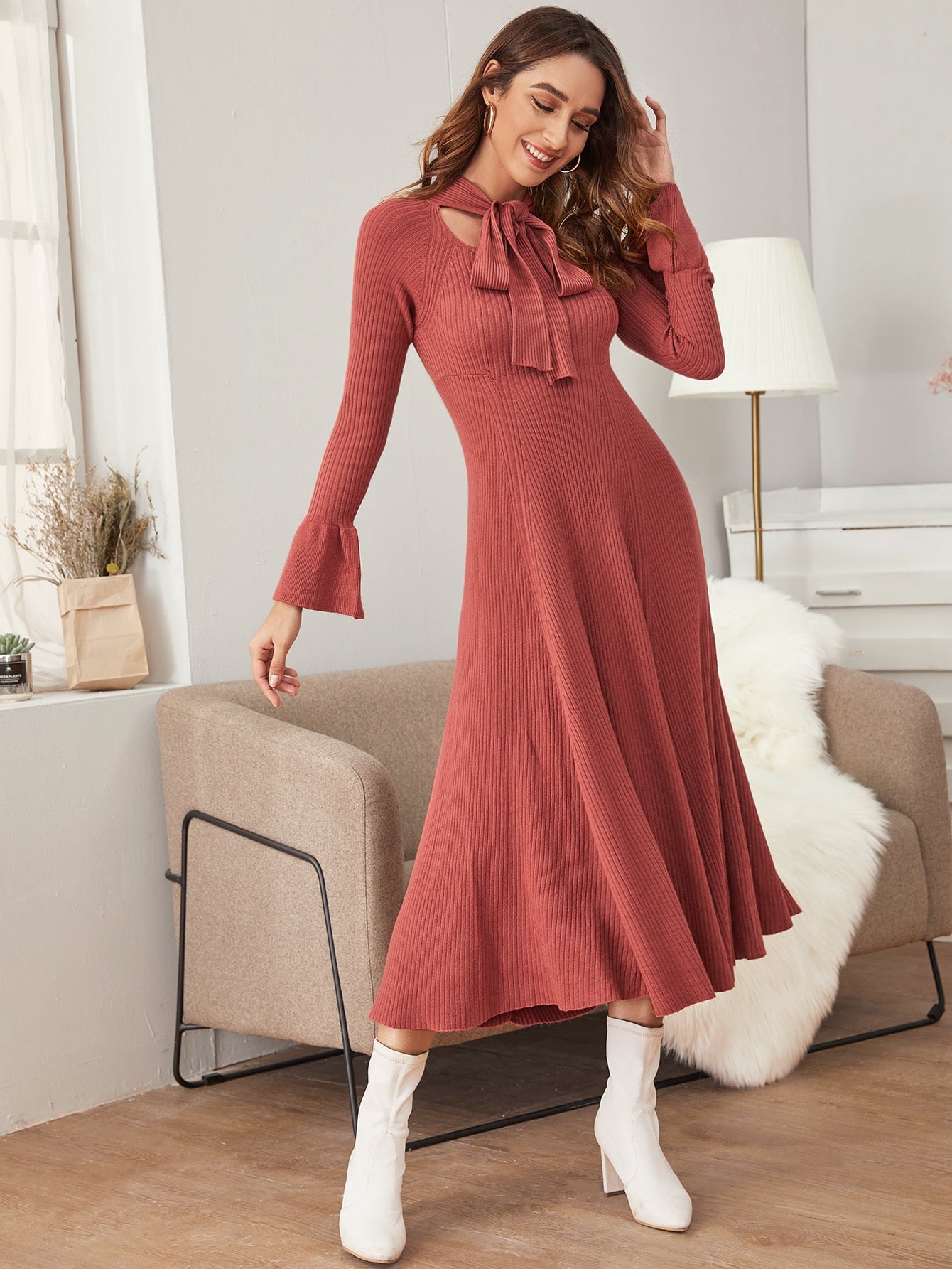 Tie Neck Rib-knit Flounce Sleeve A-line Sweater Dress