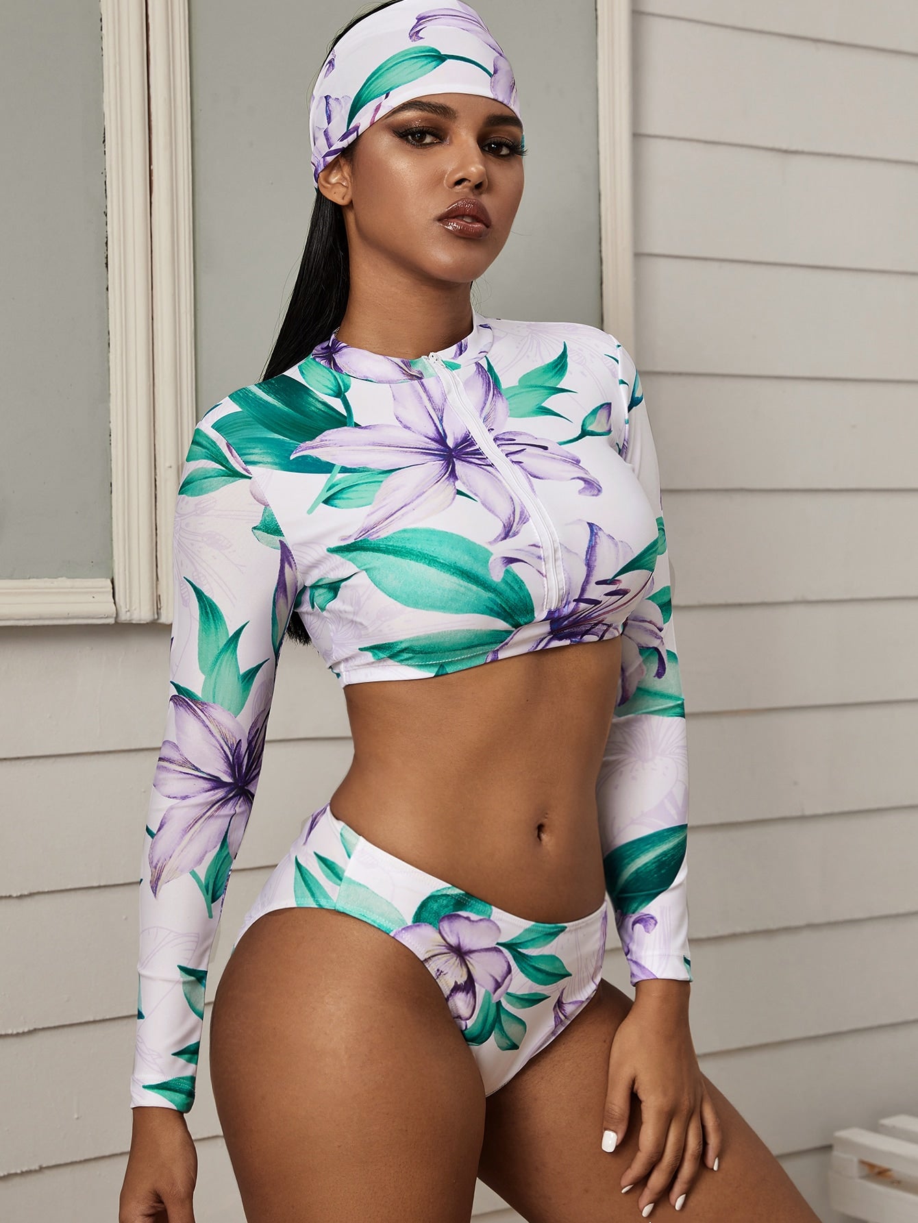 Floral Random Print Long Sleeve Bikini Set & Headband