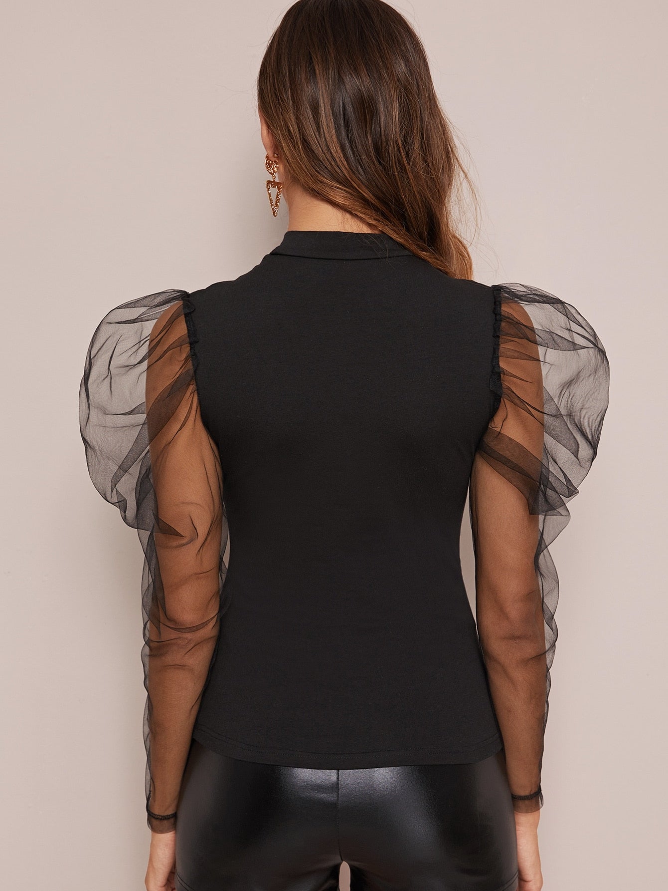Mesh Gigot Sleeve Letter Graphic Top