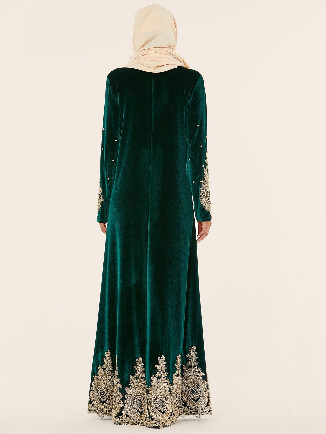 Velvet Appliques Pearls Decoration Abaya Dress