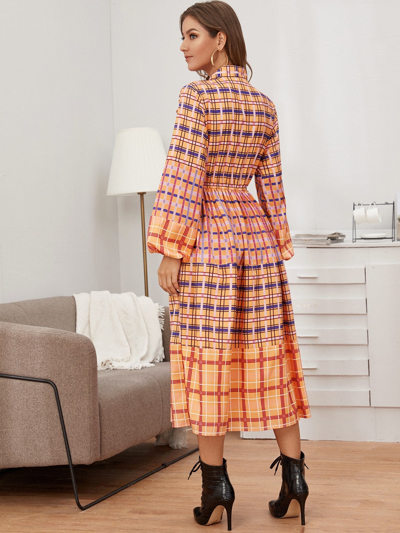 Cut And Sew Plaid Tie Neck Dress
