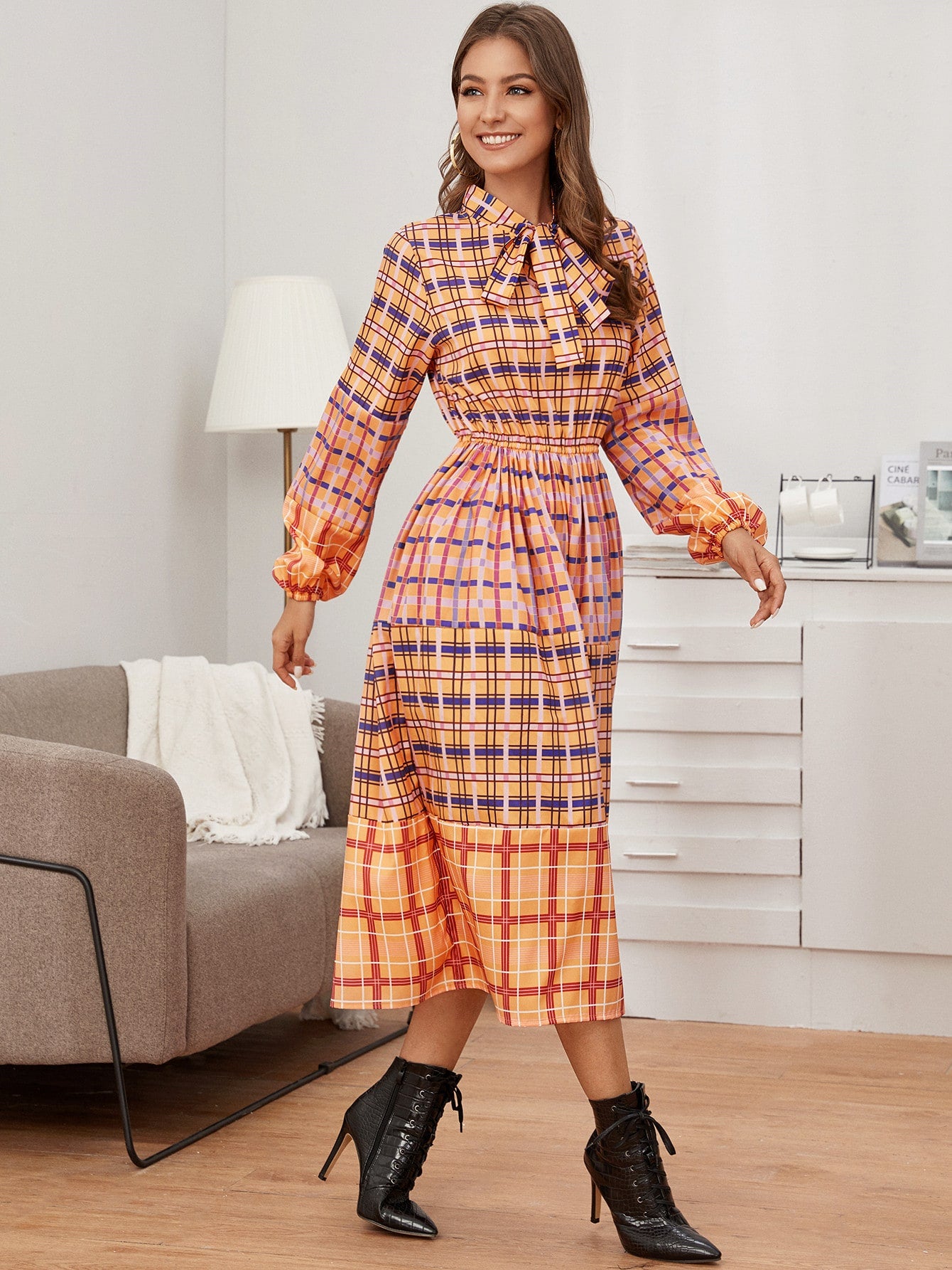 Cut And Sew Plaid Tie Neck Dress