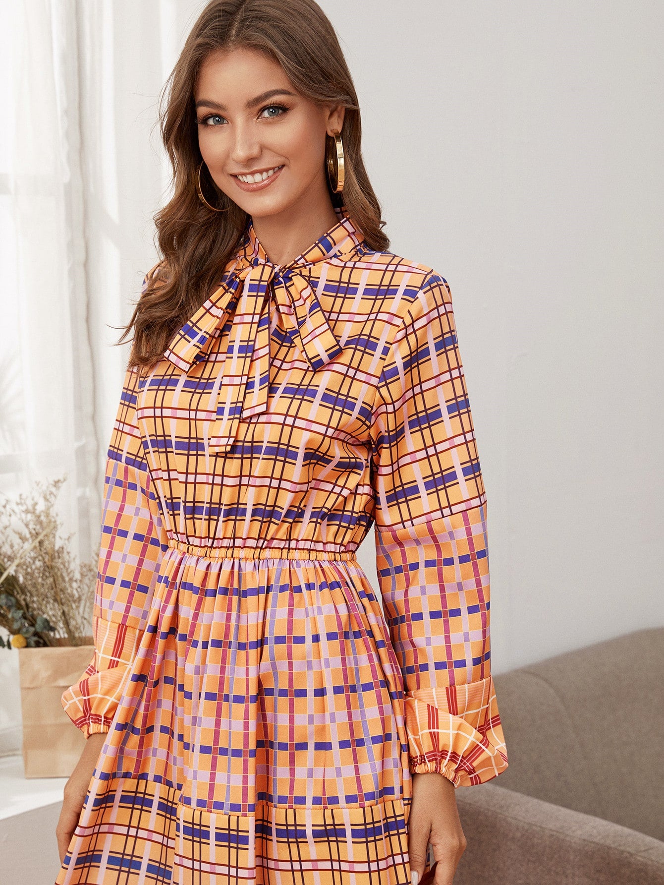 Cut And Sew Plaid Tie Neck Dress