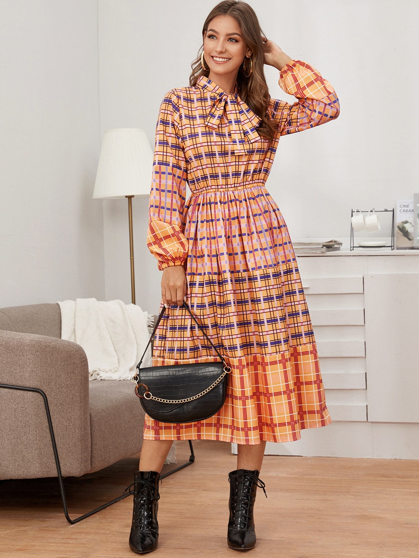 Cut And Sew Plaid Tie Neck Dress