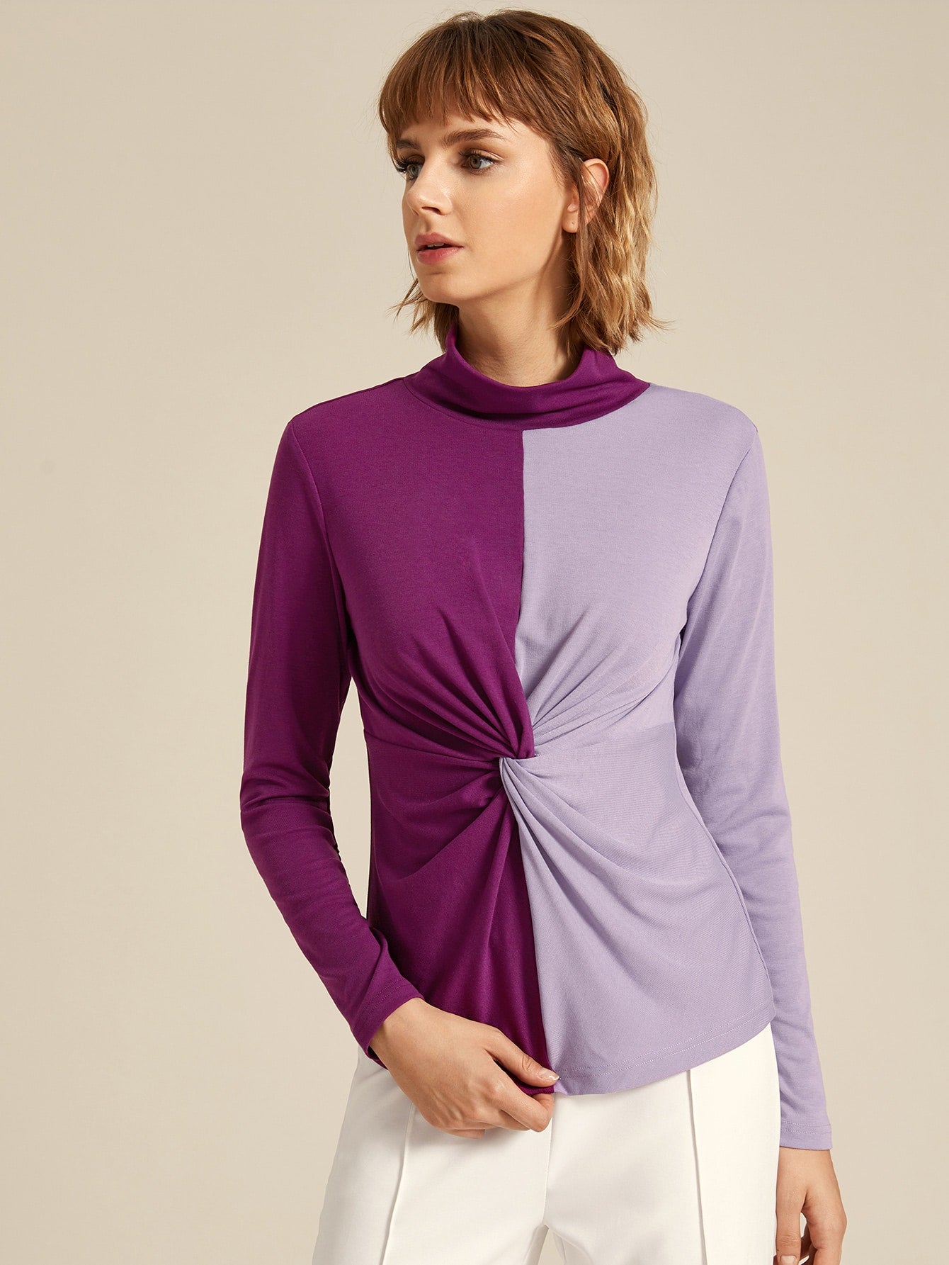 Funnel Neck Twist Front Two Tone Tee