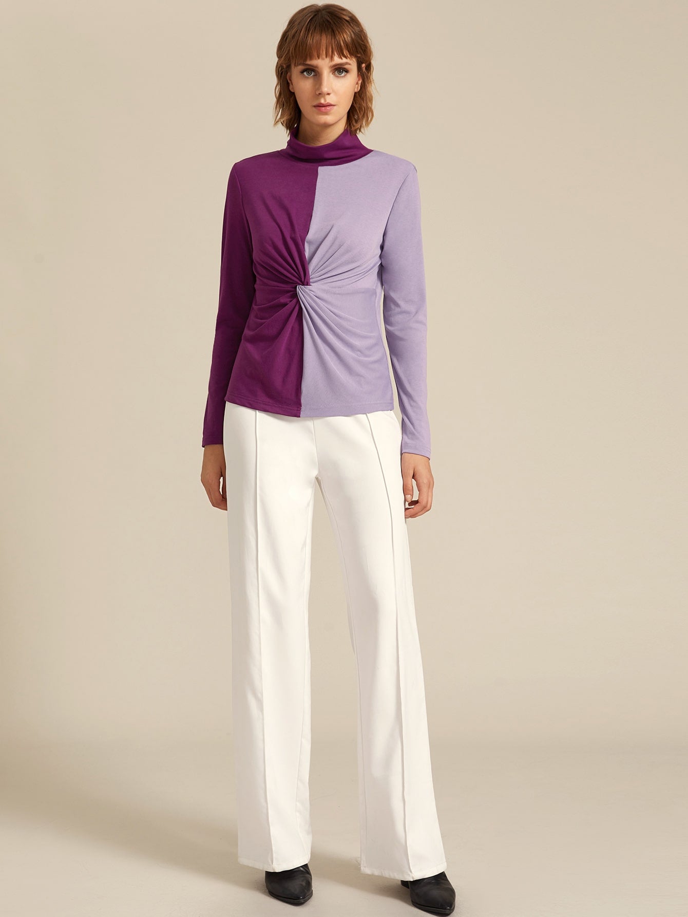 Funnel Neck Twist Front Two Tone Tee