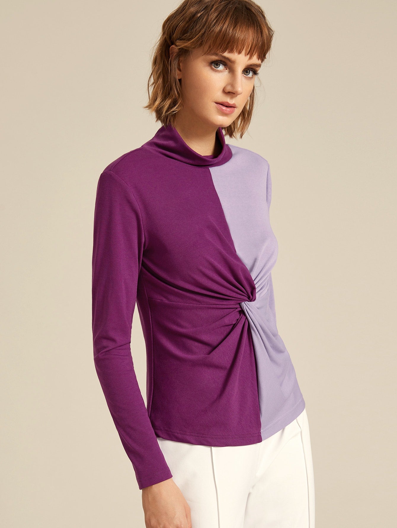 Funnel Neck Twist Front Two Tone Tee