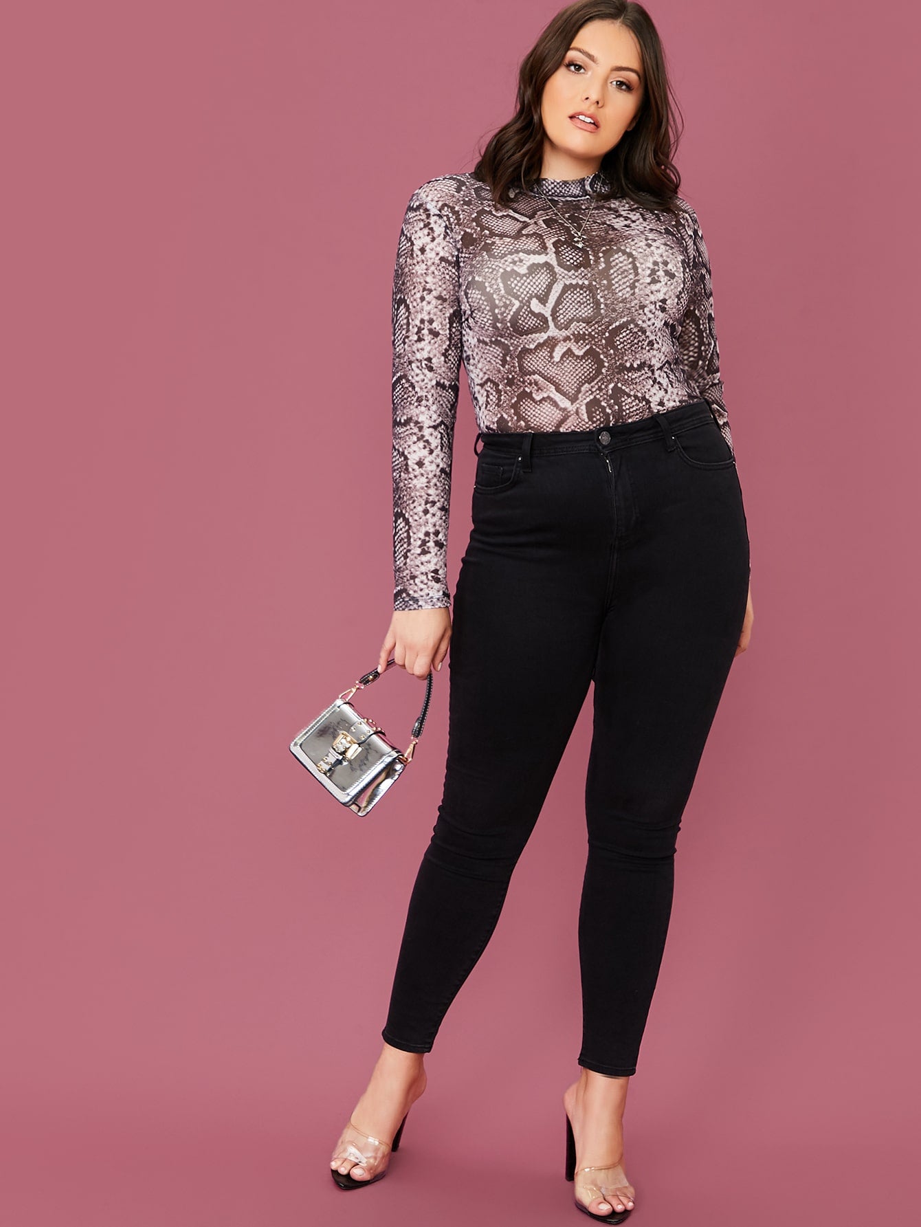 Plus Mock Neck Snakeskin Print Top