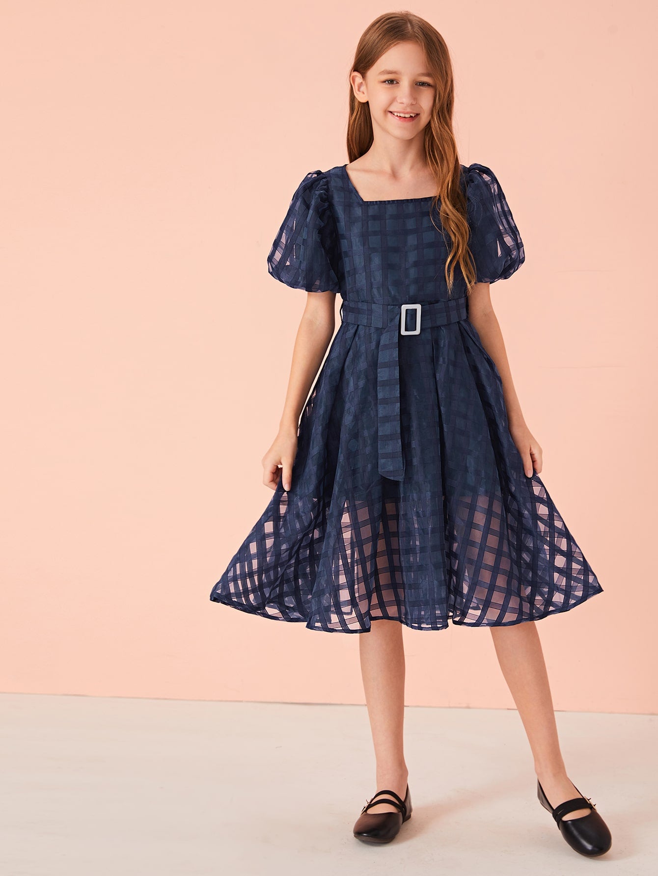 Girls Puff Sleeve Buckle Belted Geo Organza Overlay Dress