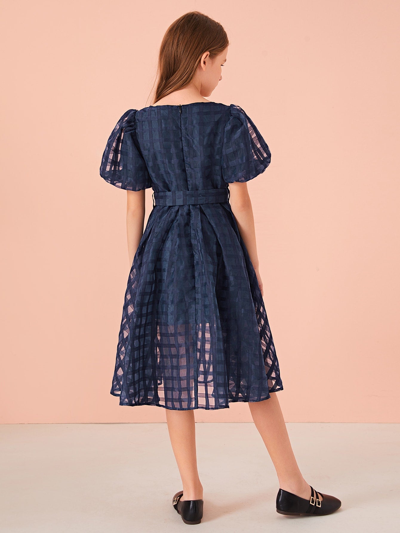 Girls Puff Sleeve Buckle Belted Geo Organza Overlay Dress