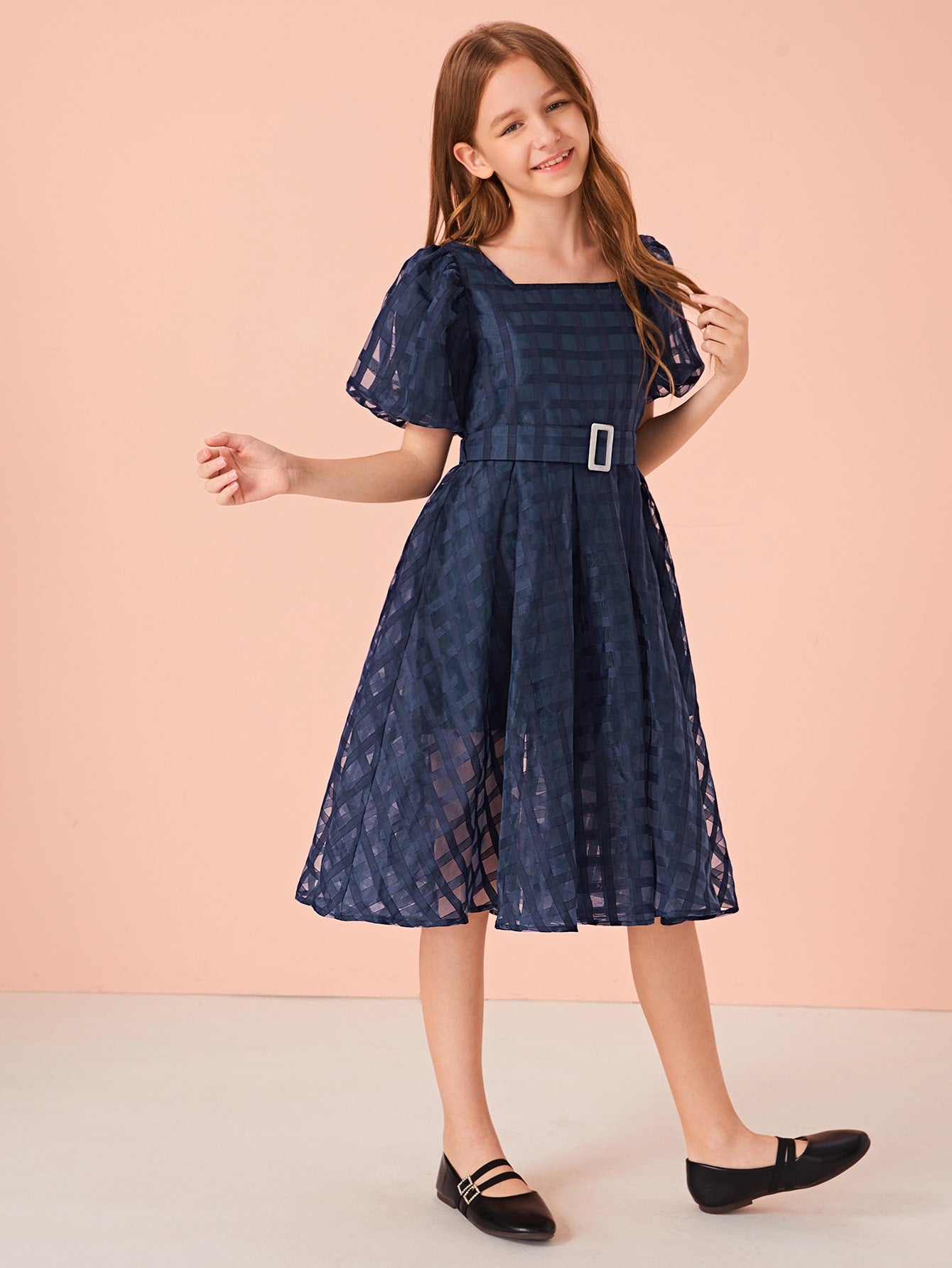 Girls Puff Sleeve Buckle Belted Geo Organza Overlay Dress