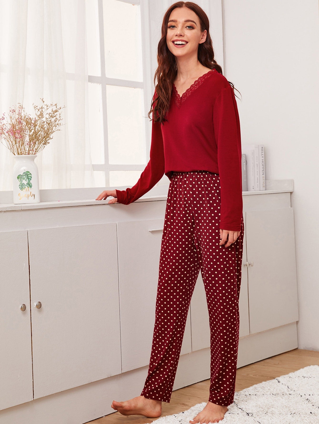 Polka Dot Contrast Lace PJ Set
