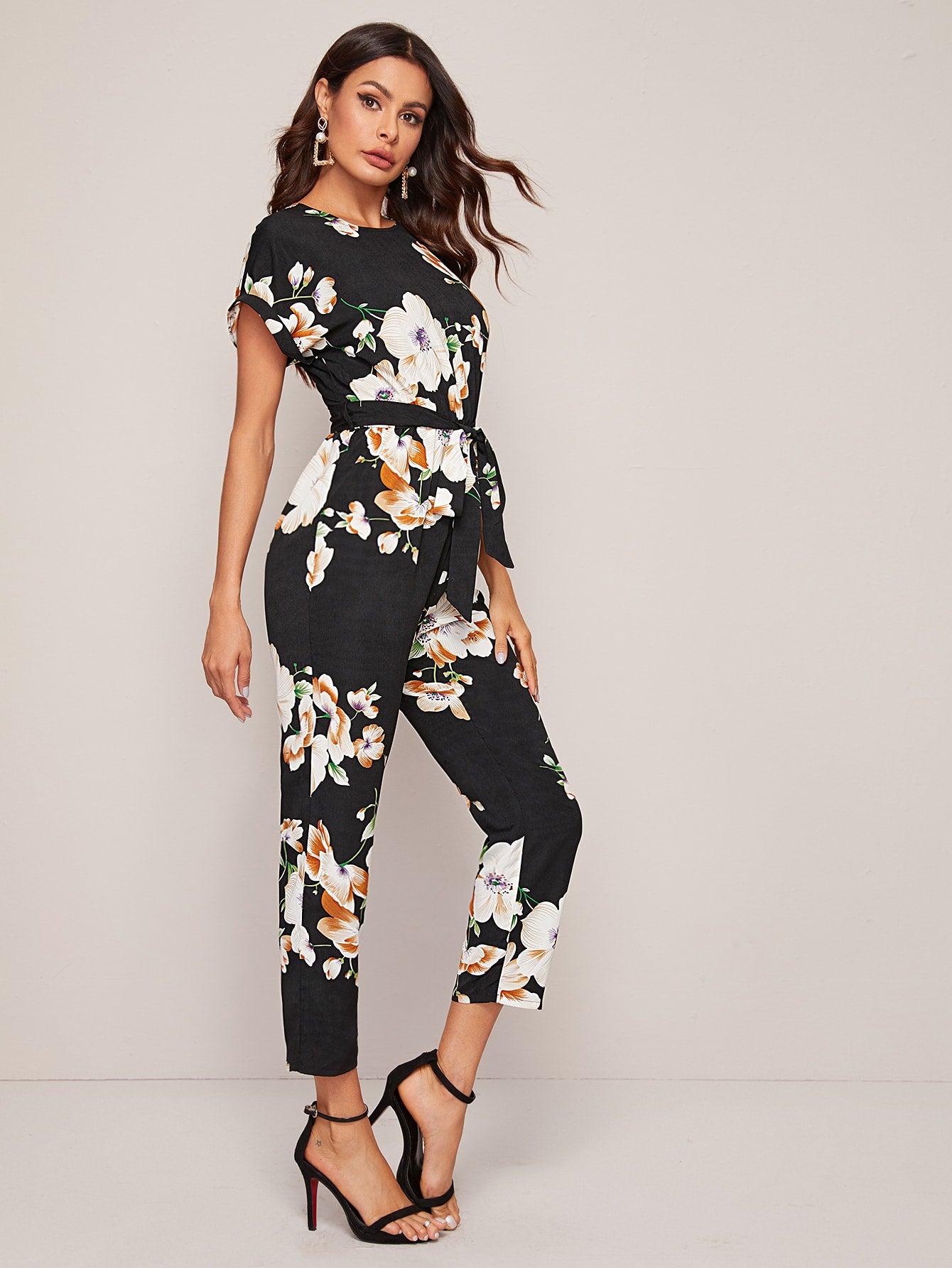 Split Back Cuffed Sleeve Belted Floral Print Jumpsuit