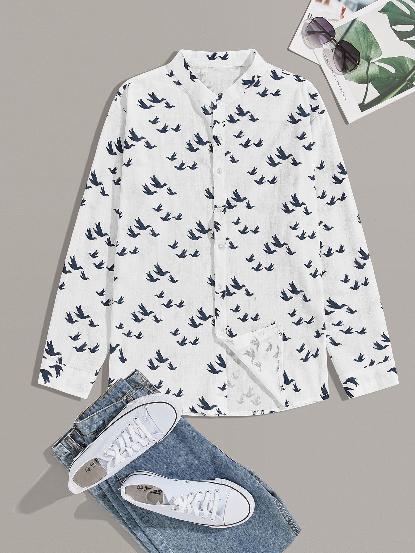 Men Allover Pigeon Print Button UP Shirt