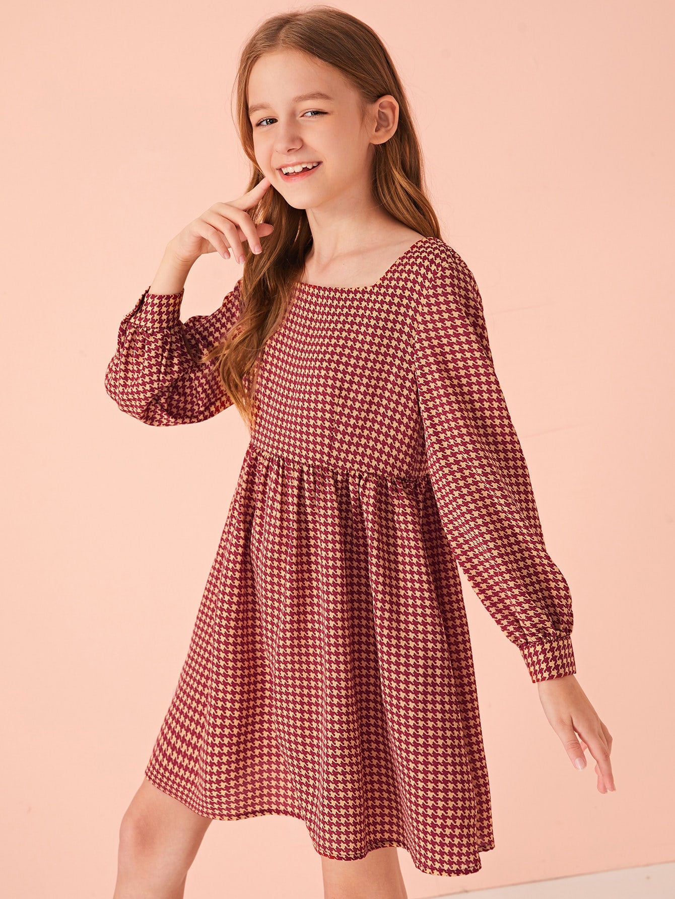Girls Square Neck Houndstooth Smock Dress