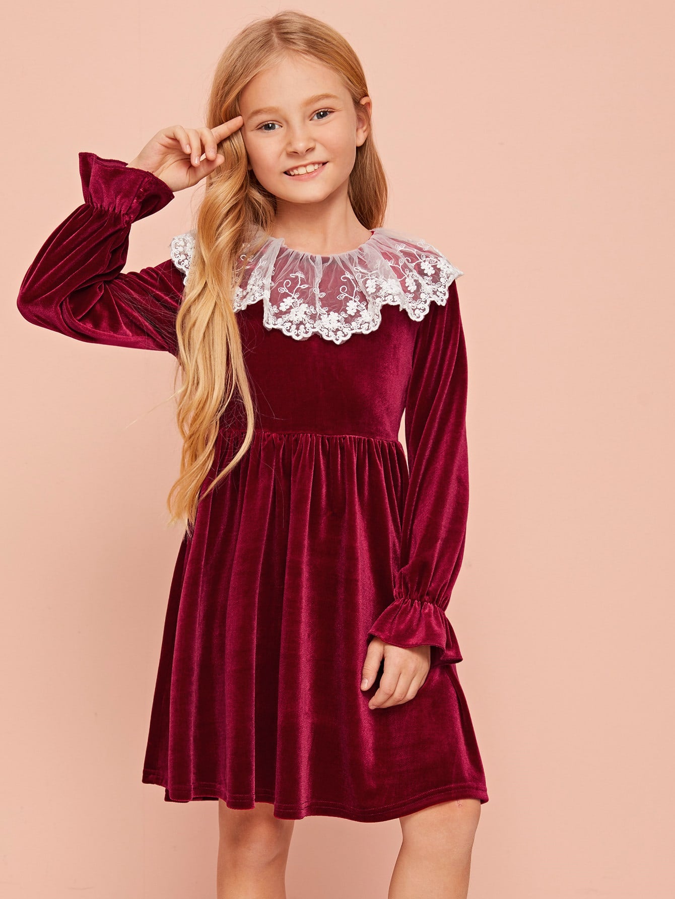 Girls Embroidered Mesh Ruffle Trim Velvet Dress