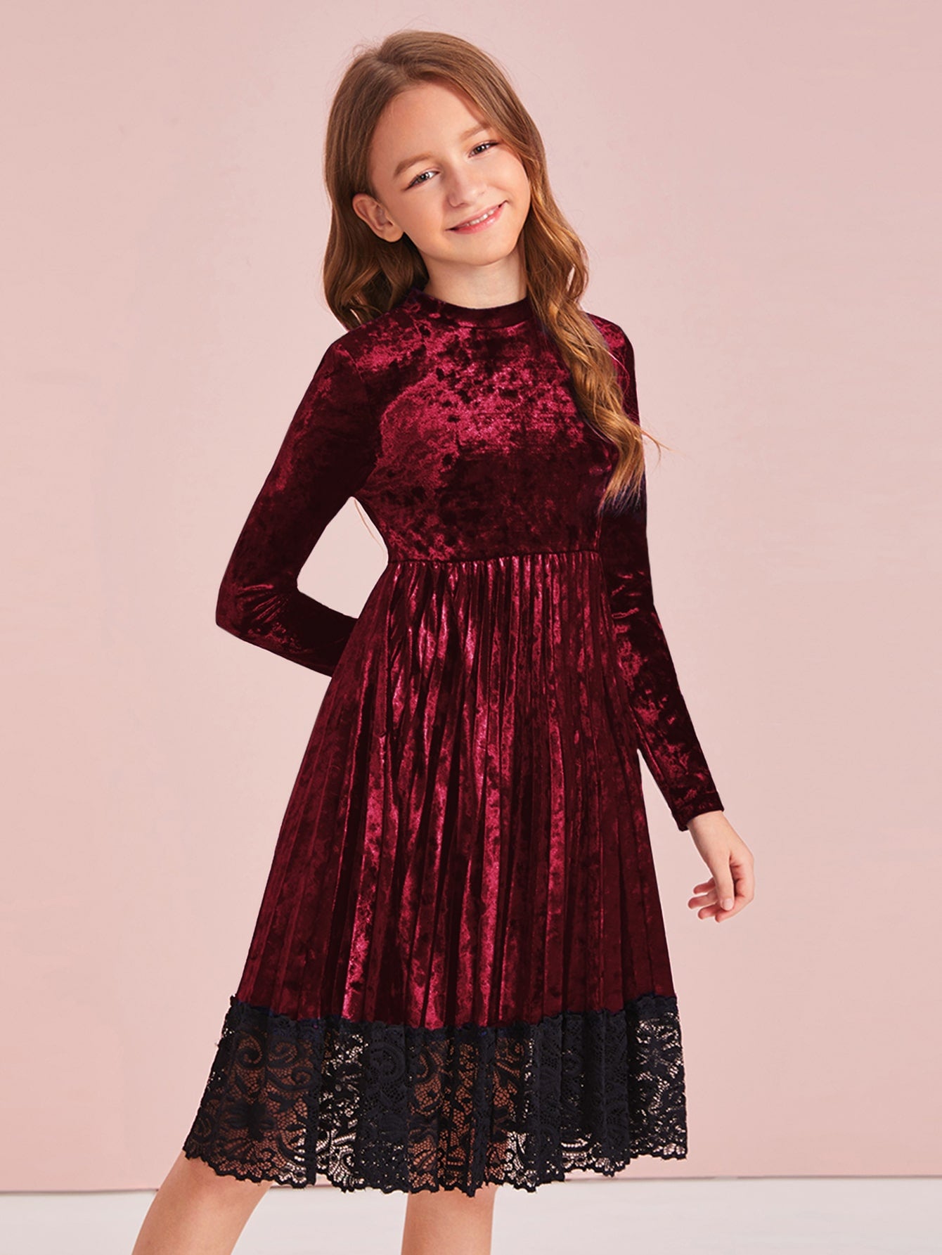 Girls Lace Hem Pleated Velvet Dress