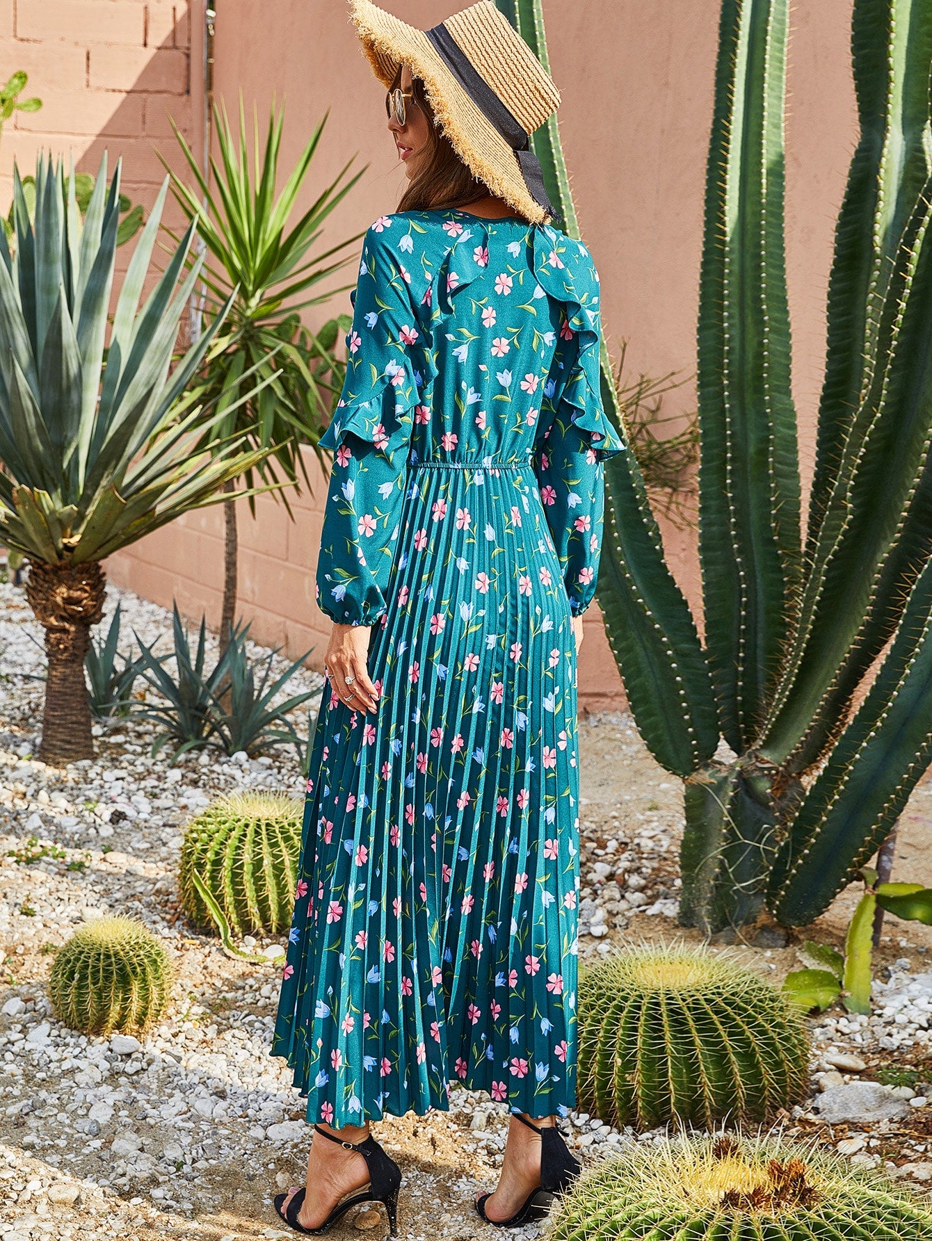 Floral Print Tie Front Ruffle Trim Pleated Dress