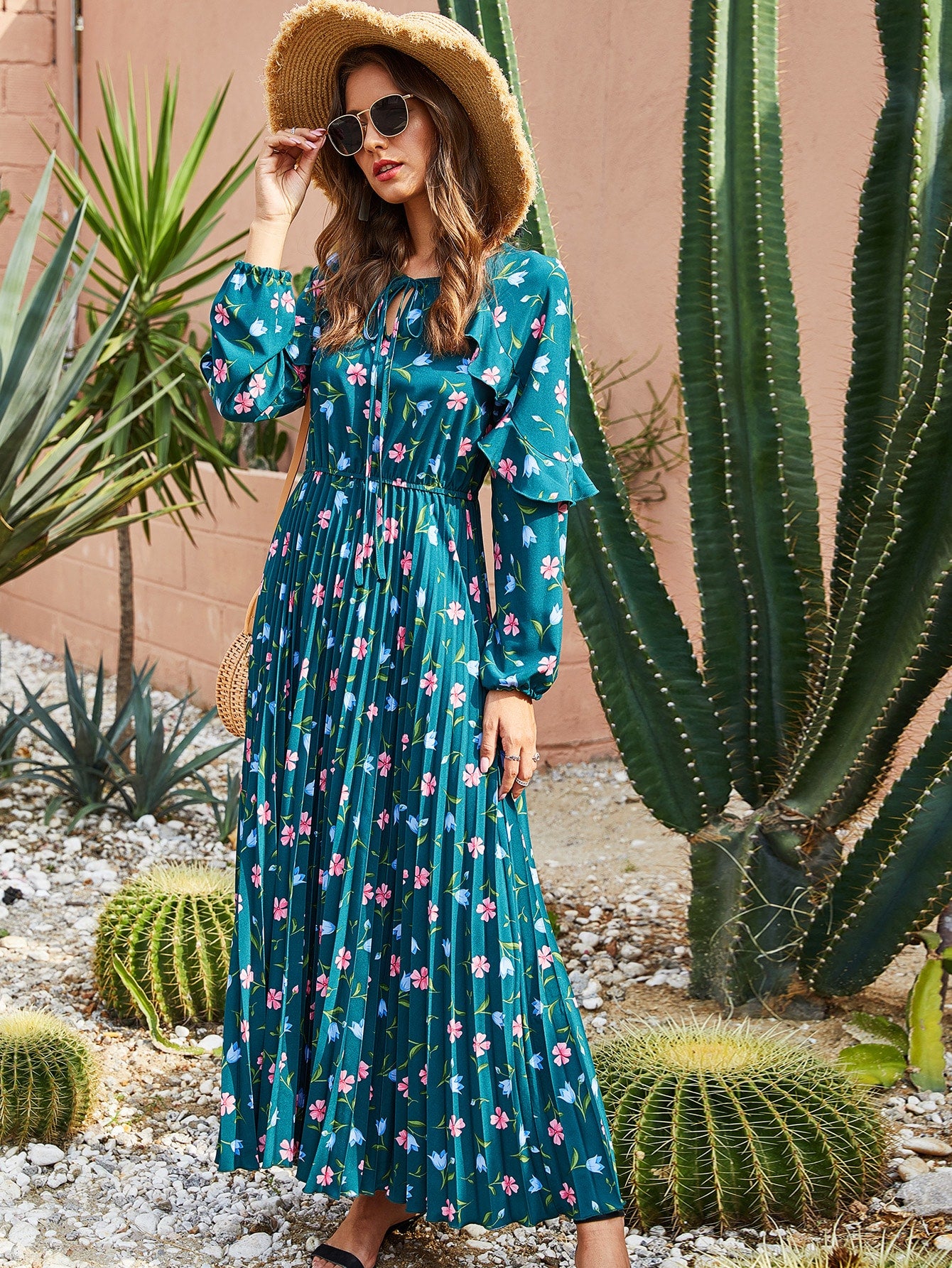 Floral Print Tie Front Ruffle Trim Pleated Dress