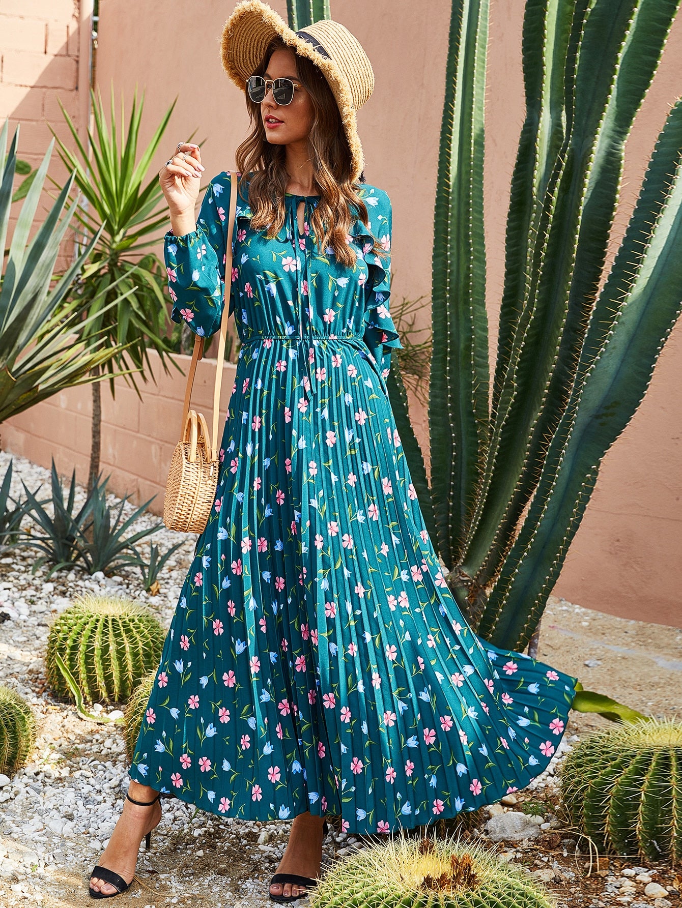 Floral Print Tie Front Ruffle Trim Pleated Dress
