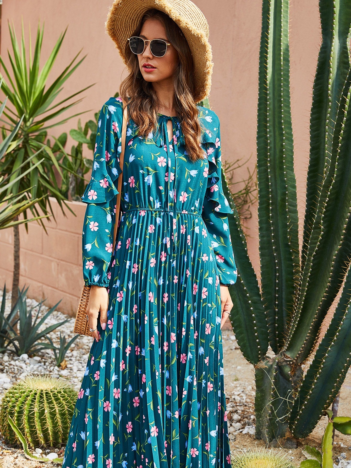 Floral Print Tie Front Ruffle Trim Pleated Dress